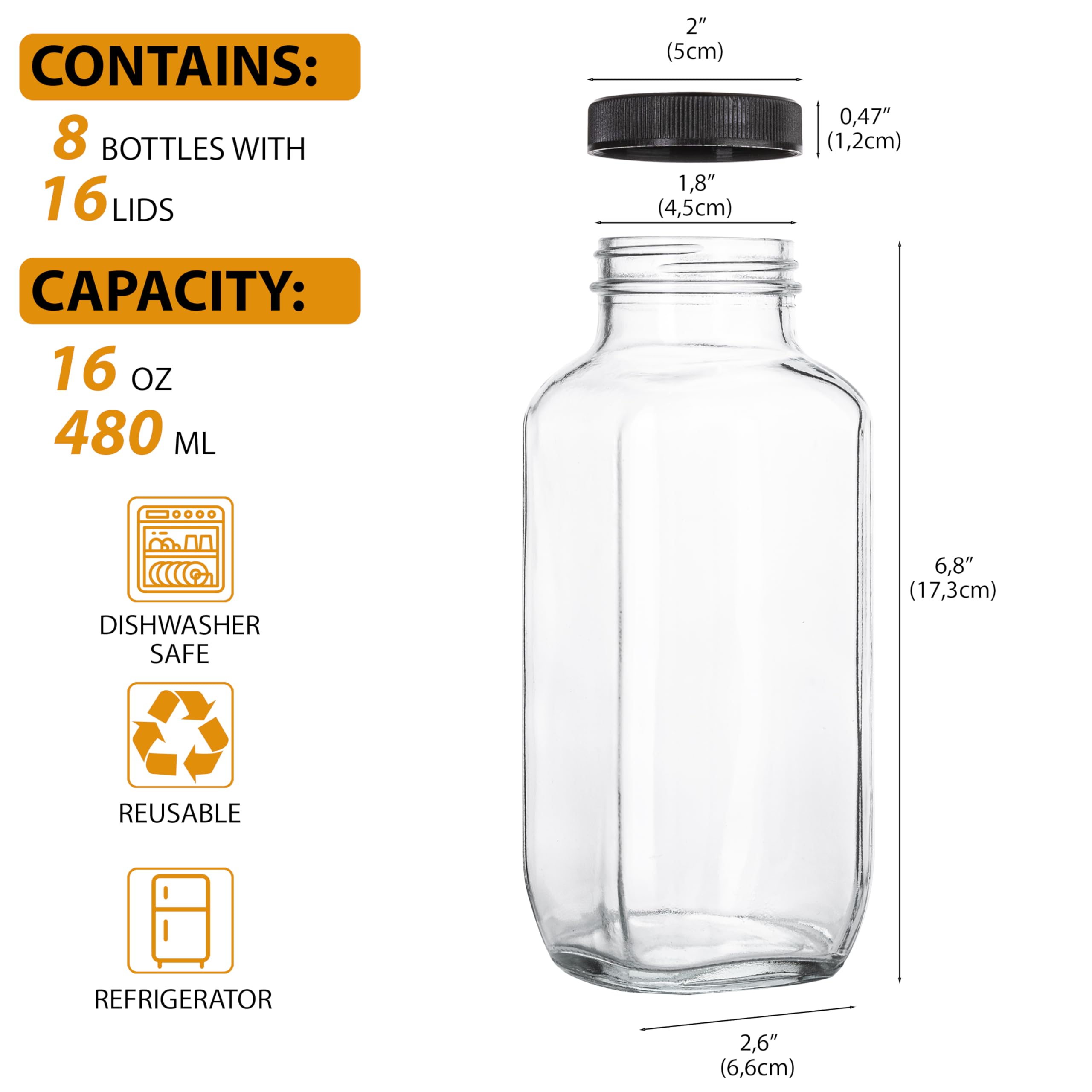 **16 Oz Clear Glass Juice Bottles with Lids - Set of 8 Reusable Drink Containers for Juicing, Smoothies, Water, Milk, Kombucha & Wellness Shots - Perfect for Home, Office & On-the-Go Hydration**