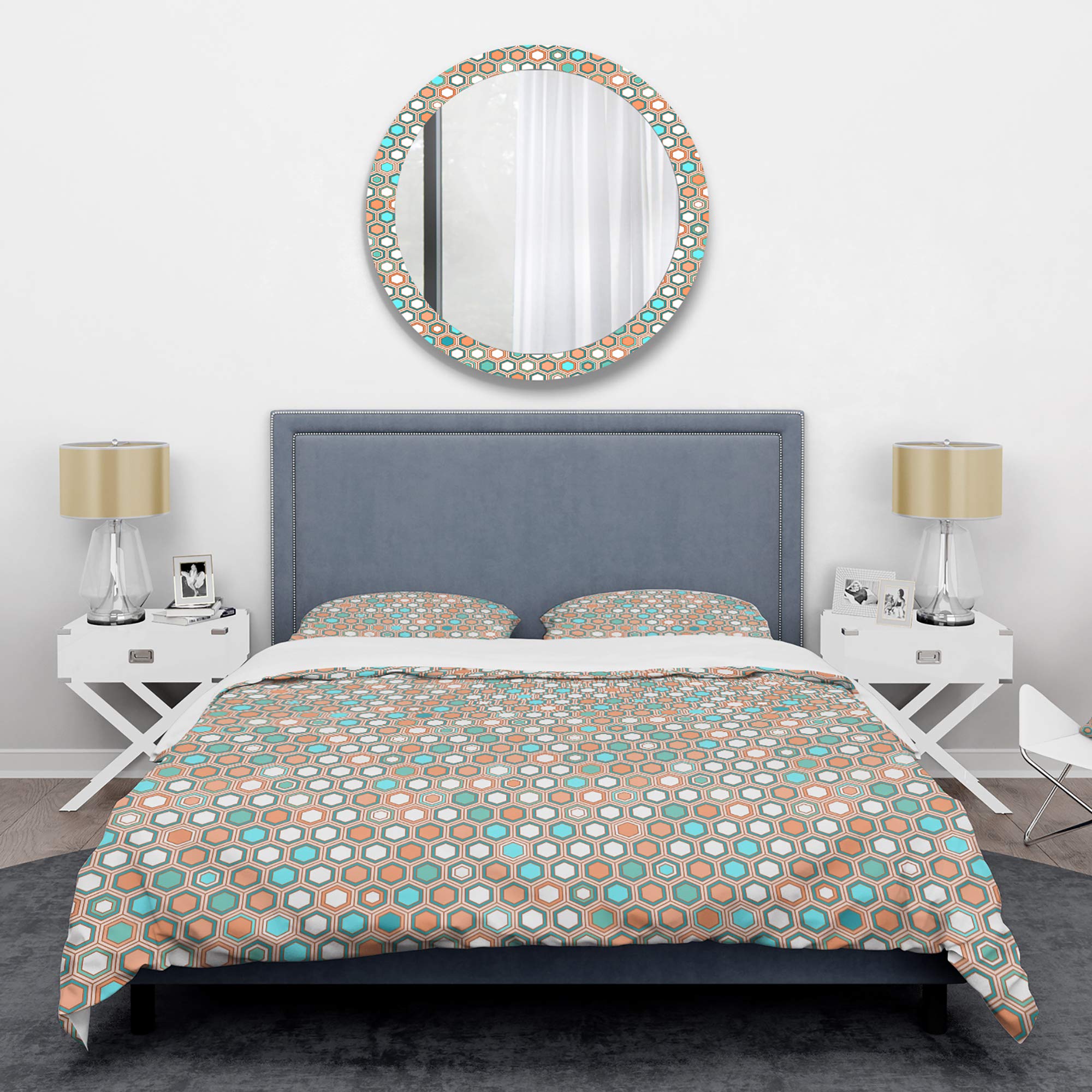 Retro Hexagon Pattern Mid-Century Modern Duvet Cover Set - Green Twin Size 3-Piece Bedding Set (Duvet Cover + 2 Pillowcases) - All Season Comfort for Vintage Inspired Bedrooms & Guest Rooms