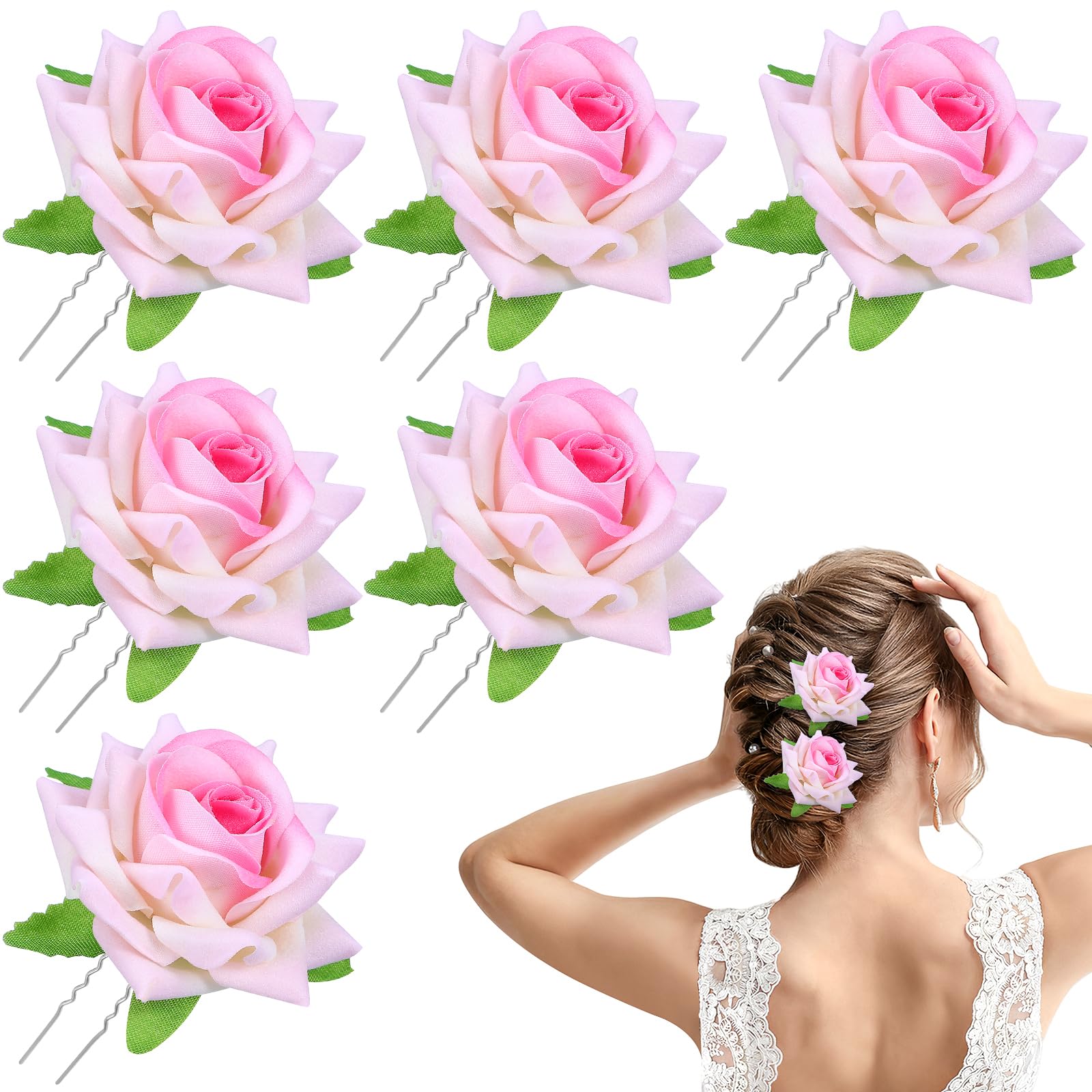 Lurrose 6pcs Pink Rose Hair Clips - U-Shaped Hair Forks Floral Bobby Pins for Women, Bridesmaids & Wedding Party | Perfect for Bridal Hairstyles, Prom, Special Occasions & Everyday Elegance