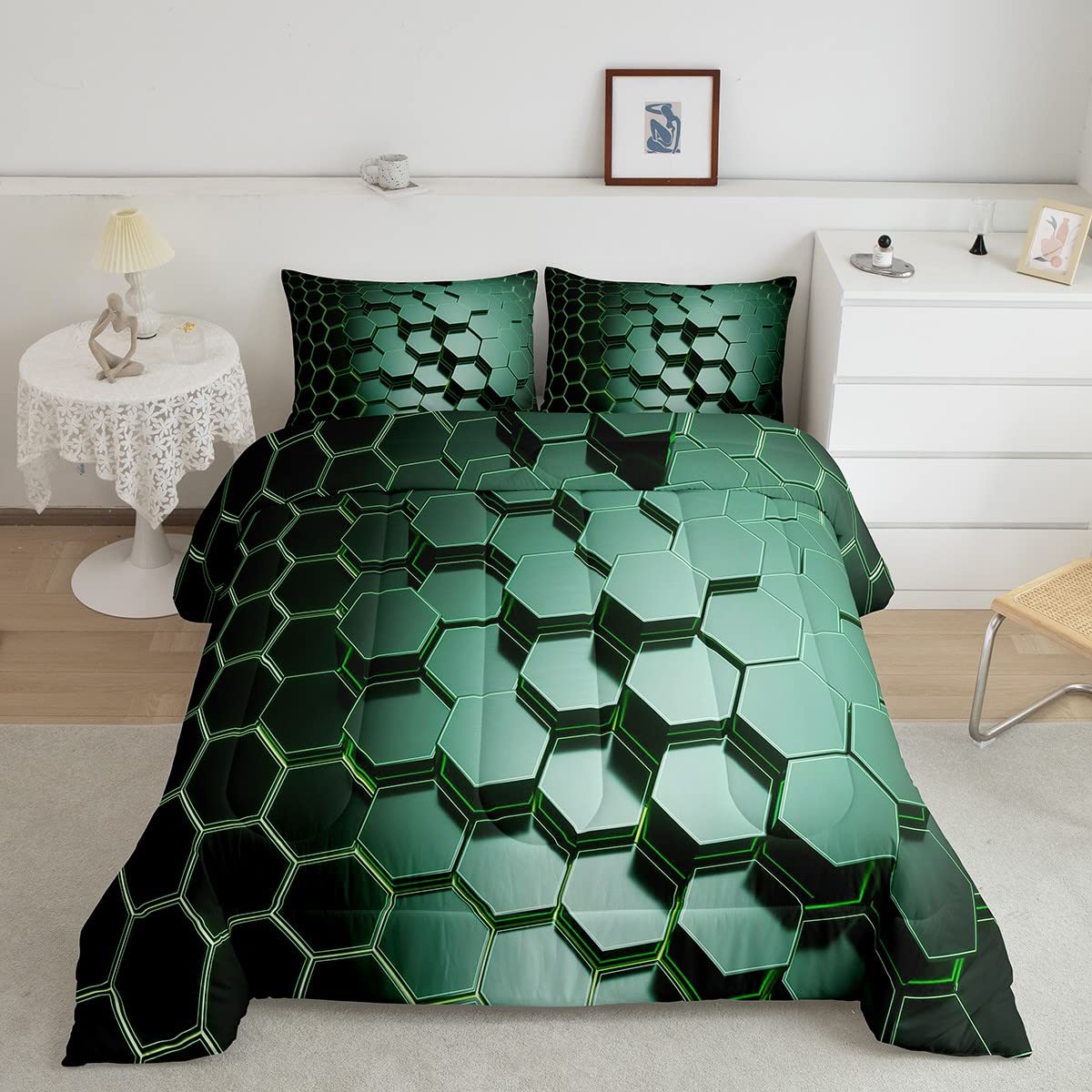 3D Honeycomb Duvet Insert Queen Size - Green Beehive Bedding Set with Hexagon Geometric Pattern, Modern Geometric Comforter for Kids & Teens Boys Room Decor - Perfect for Bedroom, Dorm, Guest Room & Cozy Home Decor