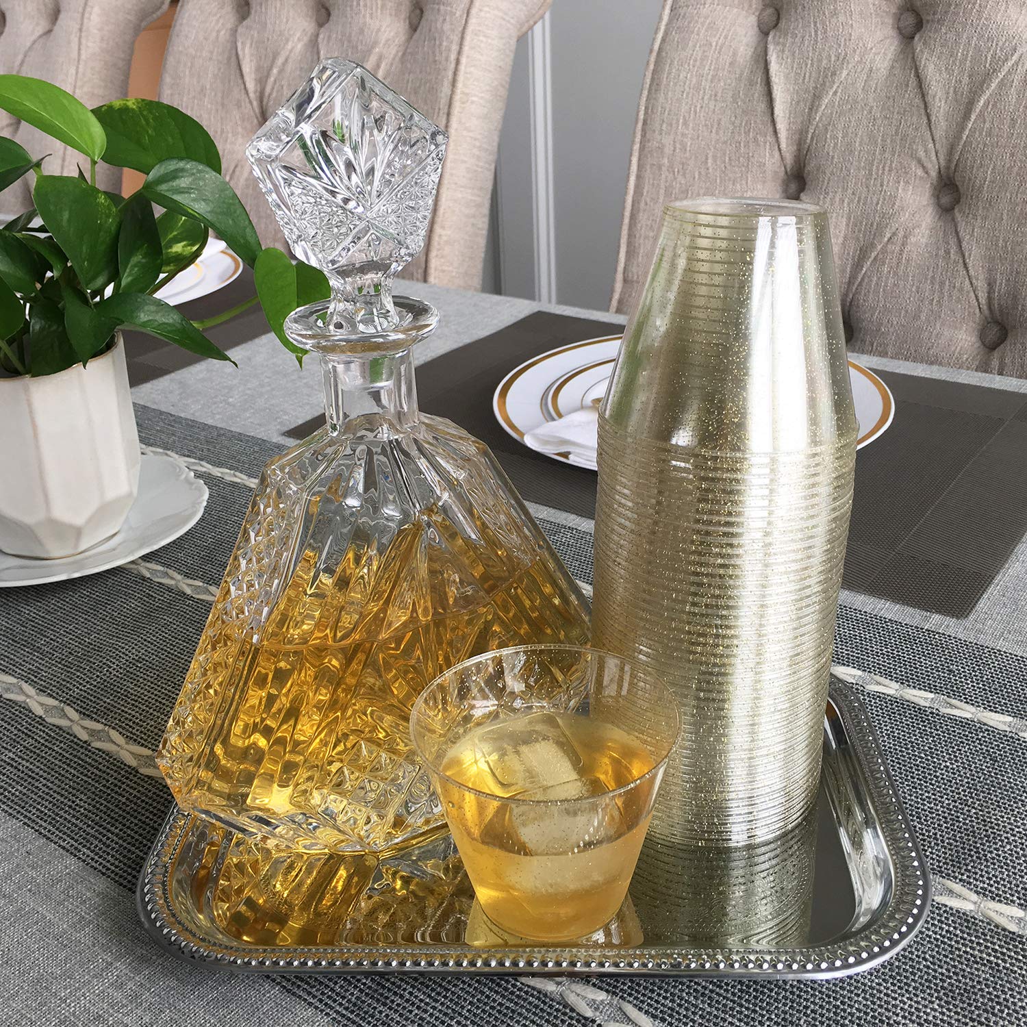 JL Prime 100 Gold Glitter Plastic Cups - 9 Oz Reusable & Recyclable Tumblers for Weddings, Anniversaries, Baby Showers & Parties - Elegant Gold Glitter Drinking Cups for Champagne, Cocktails & Beverages - Perfect for Bridal Showers, Birthday Celebrations & Special Events