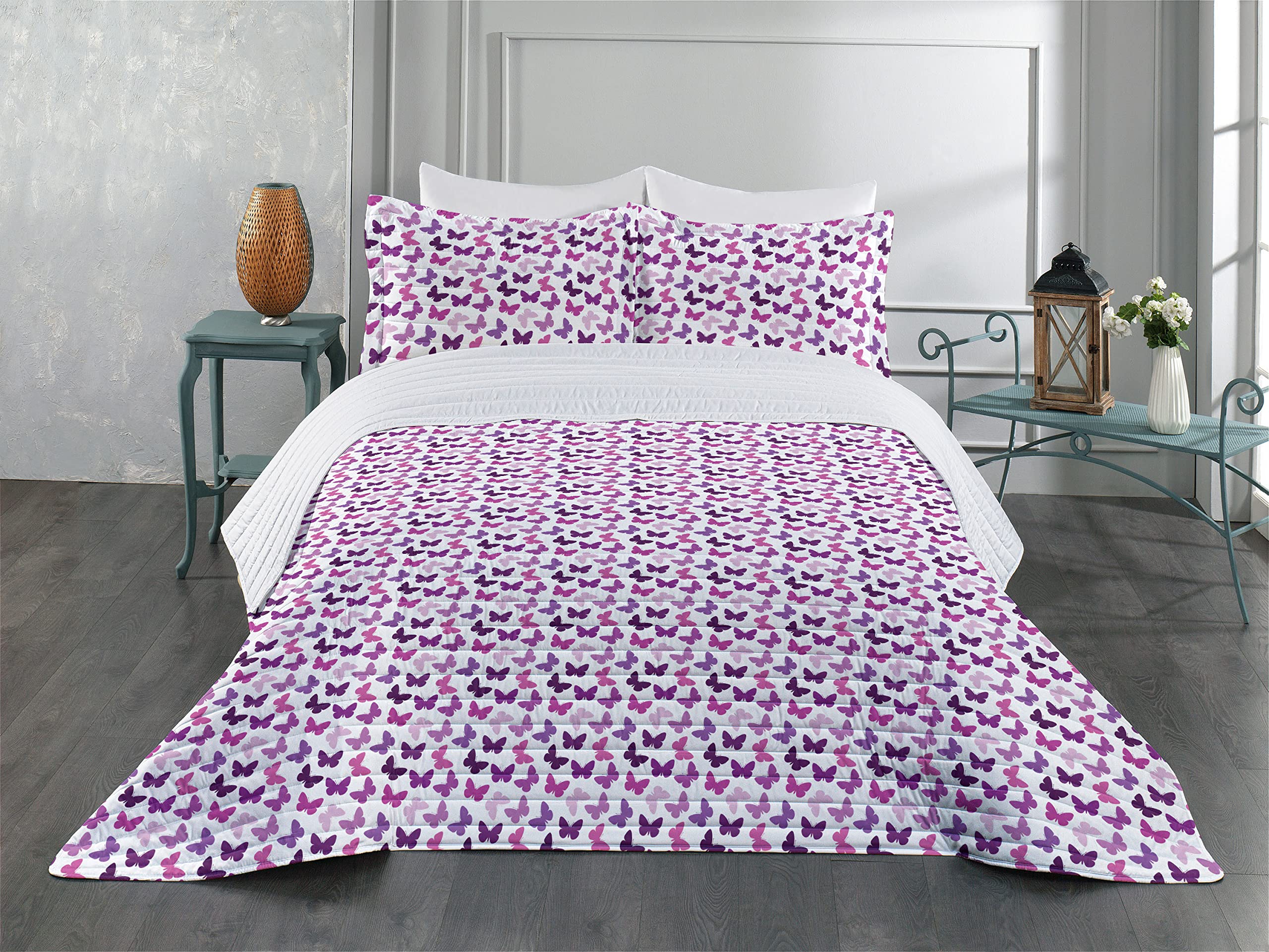 Ambesonne Vintage Butterfly Print Microfiber Bedspread Set - King Size Soft Bedding with Pillow Shams & Comforter in White, Brown and Grey - Perfect for Master Bedroom, Guest Room or Bohemian Style Home Decor