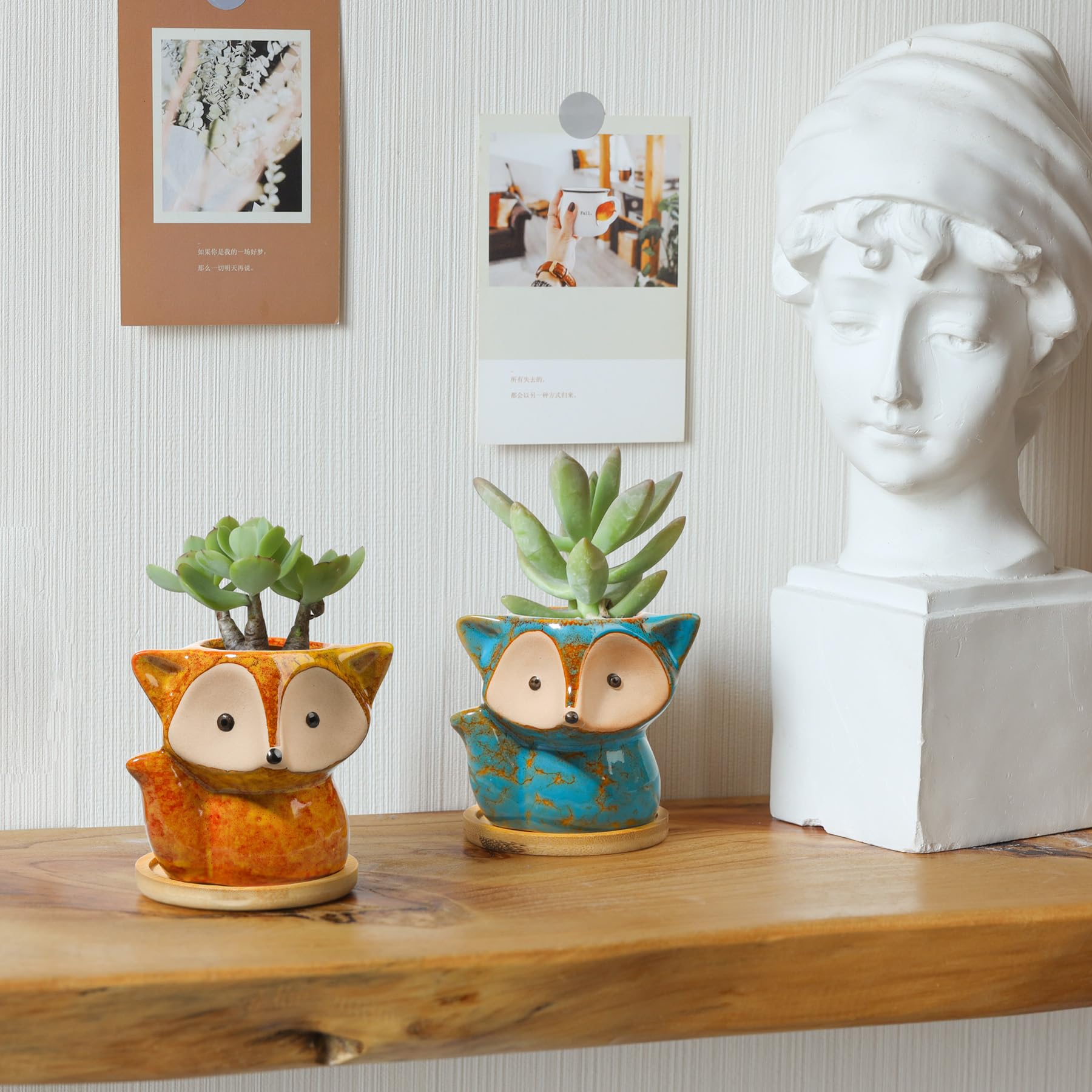Fox Shaped Ceramic Succulent Planter Pot Set of 3 with Bamboo Tray - Cute Cactus Plant Pots for Home, Office Desk Decor - Birthday & Wedding Gift Idea - Transmutation Glaze Design for Indoor Plants & Succulent Lovers