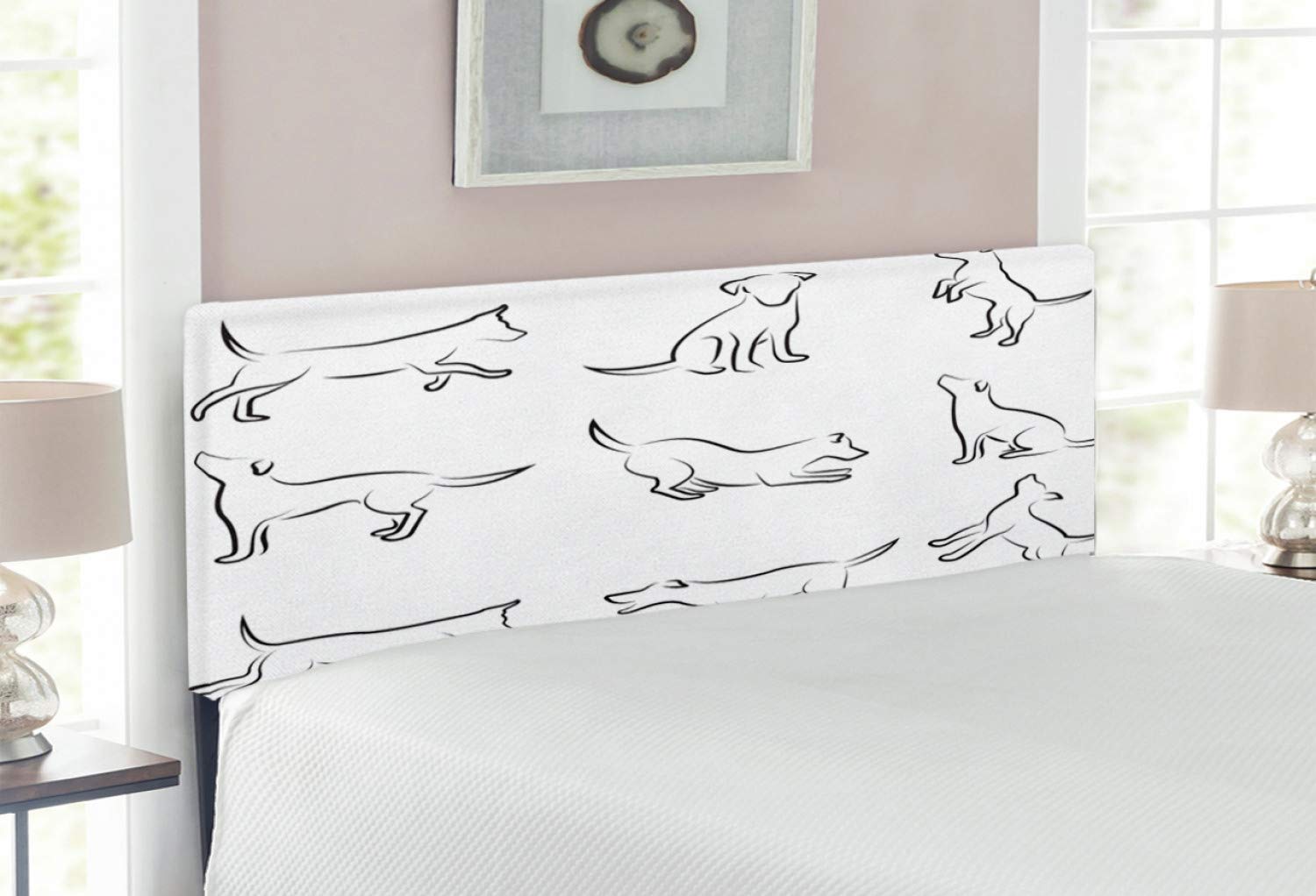 Ambesonne Dog Headboard - Full Size Upholstered Metal Bed Frame with Memory Foam, Puppy Sketch Design in Black & White | Perfect for Pet Lovers' Bedroom Decor & Cozy Sleeping