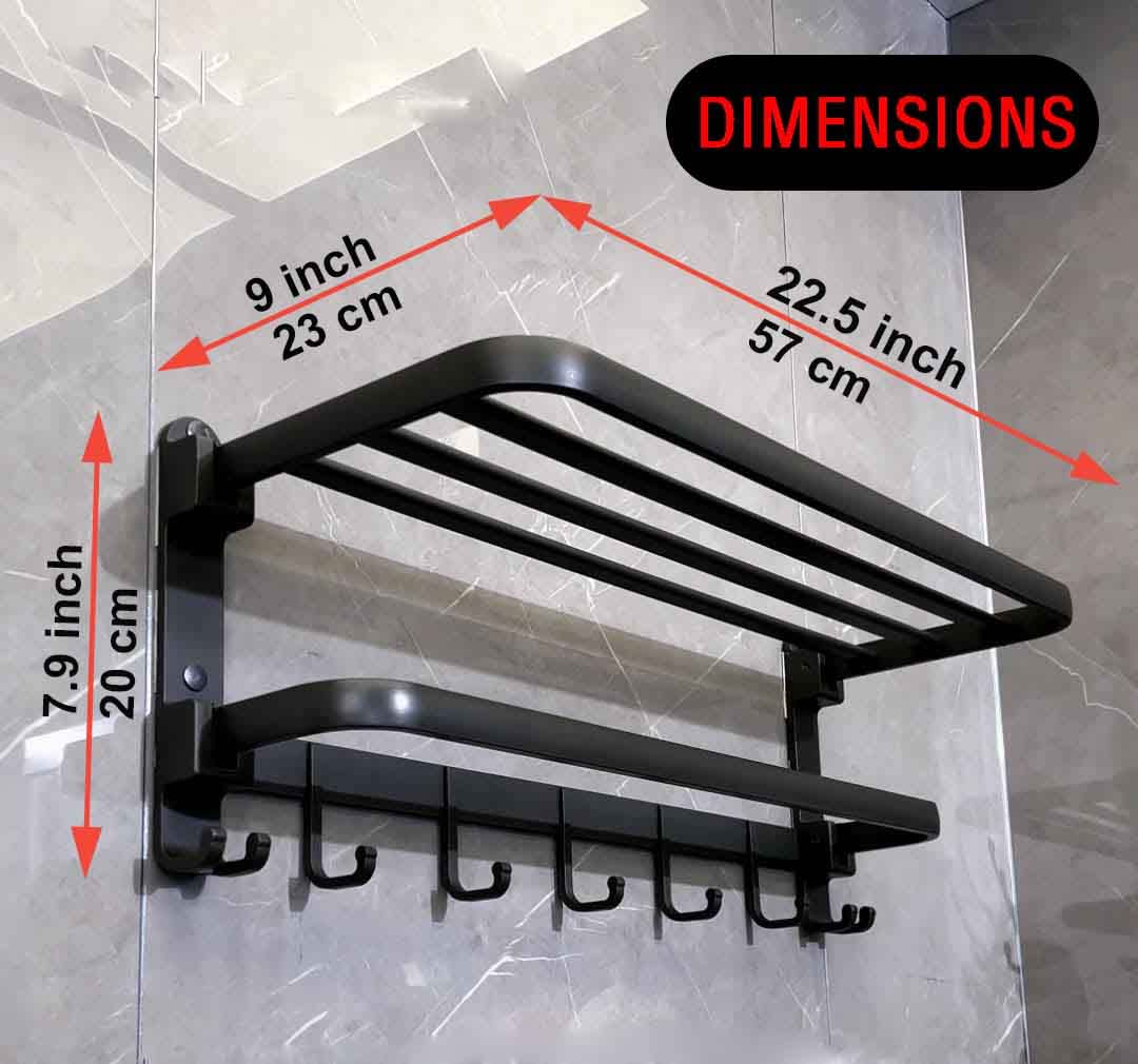 Matte Black No Drill Wall Mounted Towel Rack - 22.5 Inch Double Towel Rod with Shelf for Bathroom, Shower & Hotel Use - Rustproof Bathroom Organizer for Spa-Like Experience