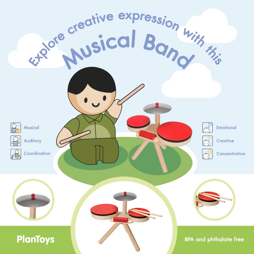 PlanToys Musical Band Set - Wooden Percussion Instruments for Kids, Toddler Musical Toys with Drum, Xylophone & More - Perfect for Early Learning, Music Play & Sensory Development