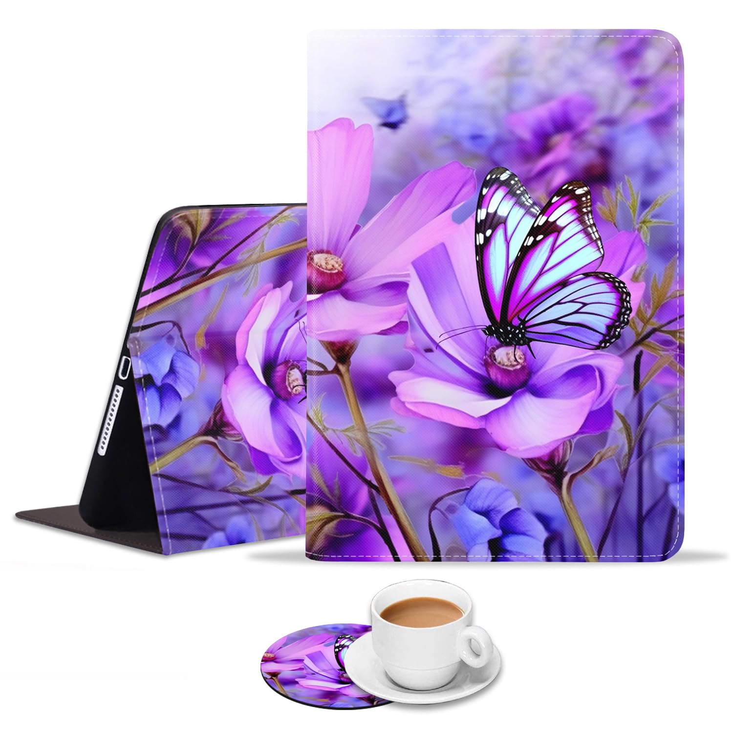 Luasao Auto Wake/Sleep Smart Case with Adjustable Stand for iPad 9.7 (2018/2017), iPad Air/Air 2, iPad 6th/5th Gen - Purple Floral Butterfly Design - Perfect for Home, Office & Travel Protection