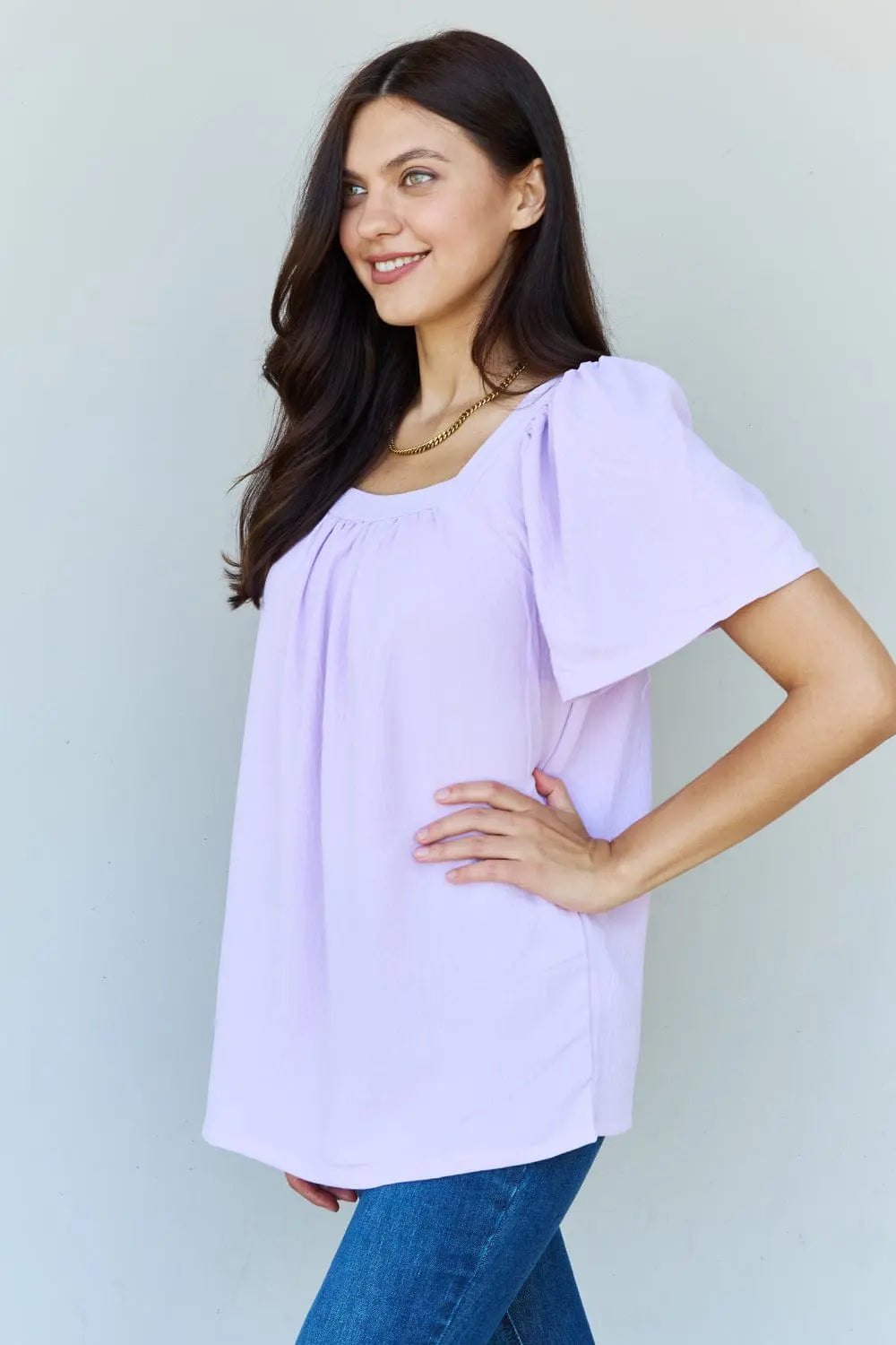 Ninexis Keep Me Close Square Neck Short Sleeve Blouse - Lavender Women's Tops for Work, Date Night & Casual Outfits