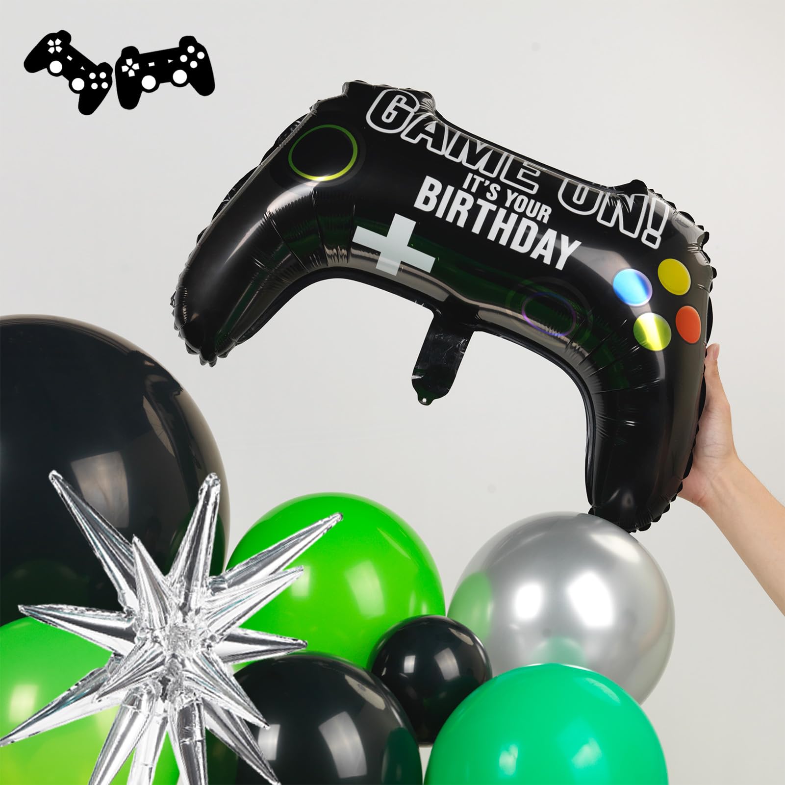 135pcs Green & Black Silver Controller Balloon Garland Kit - Gamer Party Decorations for Boys Birthday, Gaming Night & Video Game Themed Events
