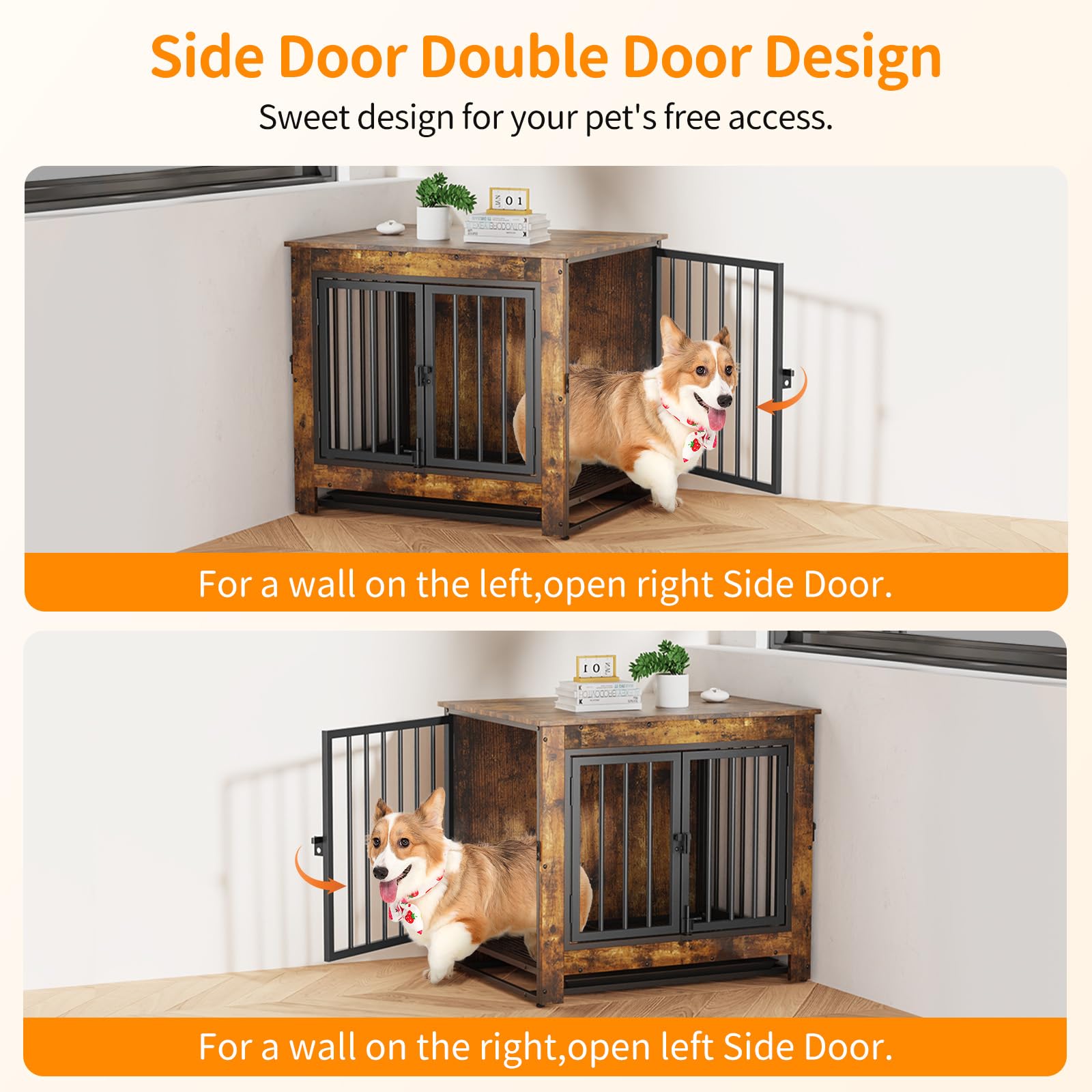 Modern Wooden Dog Crate Furniture - Rustic Brown End Table Kennel for Small & Medium Dogs | Indoor Pet Cage with Removable Tray & Double Doors | Perfect for Living Room, Bedroom, or Home Office Decor