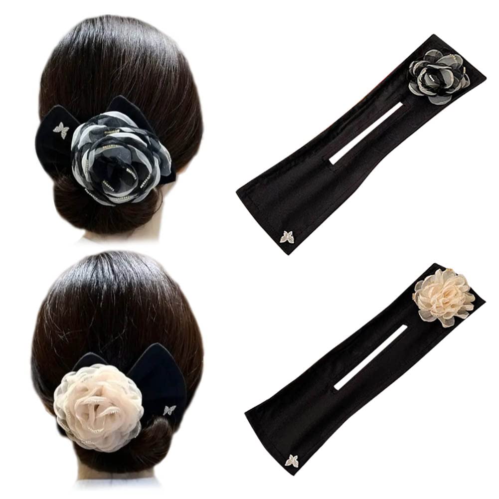 2PCS Flexible Hair Donut Makers for French Twist Hairstyles - Soft Cloth Flower Hair Styling Tools for Women & Girls (Black + Pink) - Perfect for Weddings, Parties & Everyday Elegant Looks