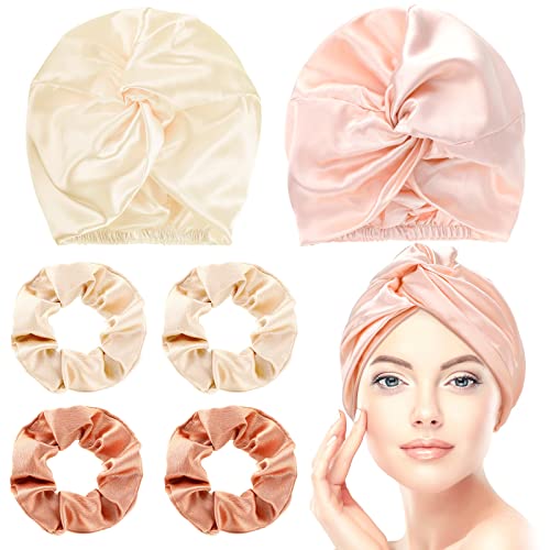 6-Piece Silk Bonnet & Scrunchies Set for Women - Soft Sleeping Hair Wrap & Ponytail Holder - Natural Silk Hair Care for Night & Day (Beige, Pink, Rose Gold) - Perfect for Bedtime, Travel & Daily Styling