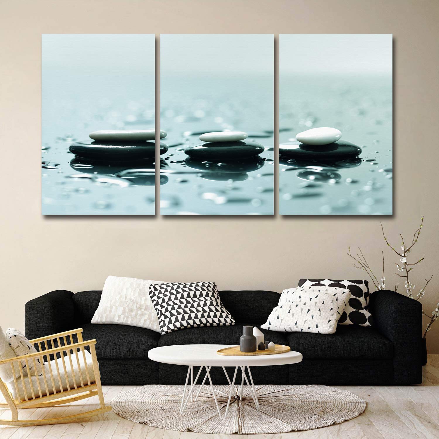 3 Piece Canvas Wall Art - Zen Stones on Water - Modern Gallery Wrapped Canvas Prints - Stretched & Framed Ready to Hang - 12