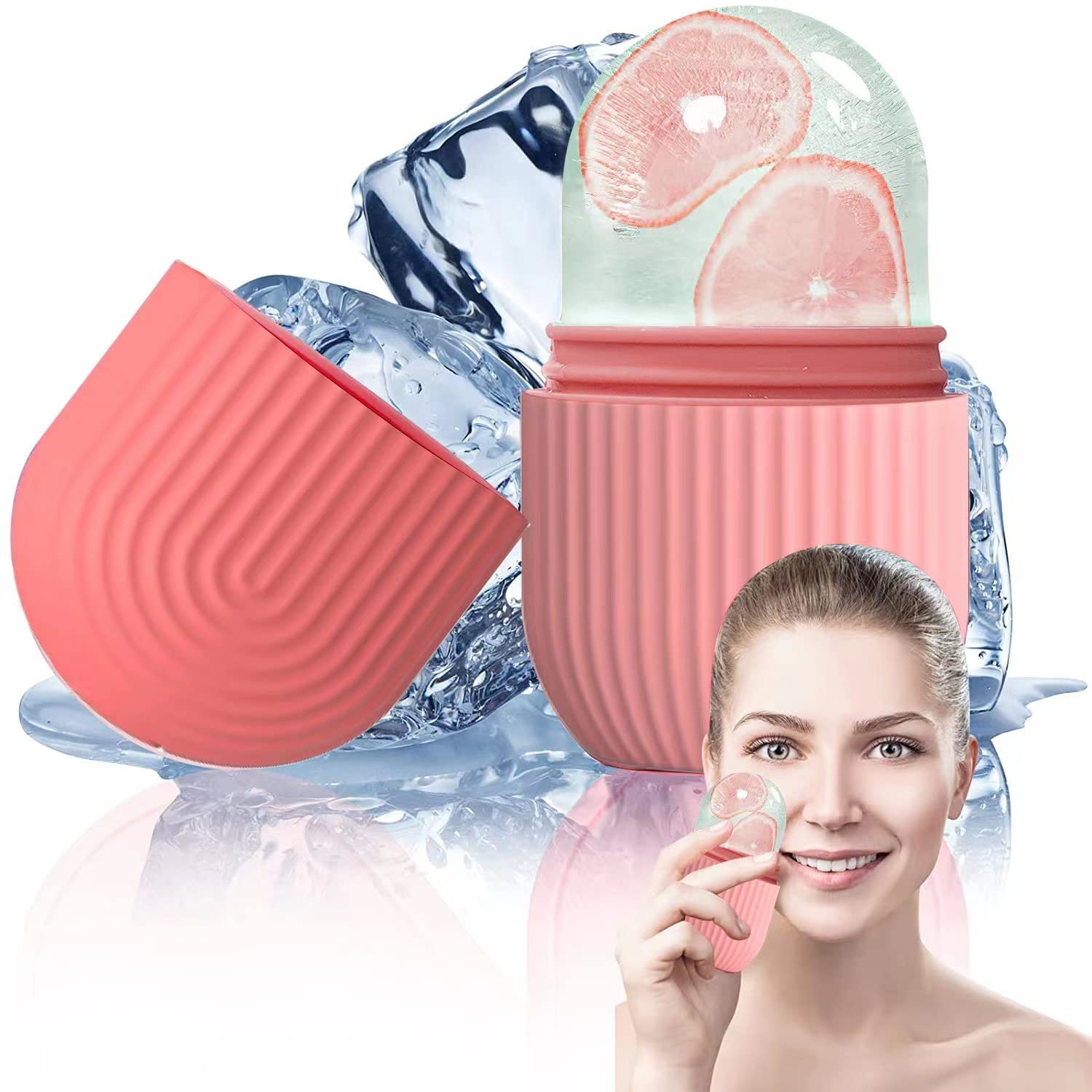 Ice Face Roller Massager - Cooling Ice Cube Roller for Face, Eyes & Neck, Natural Skin Care Tool to Reduce Puffiness, Eye Bags & Migraine Pain - Reusable Silicone Ice Mold (Pink) - Perfect for Morning Skincare Routine & Post-Workout Recovery
