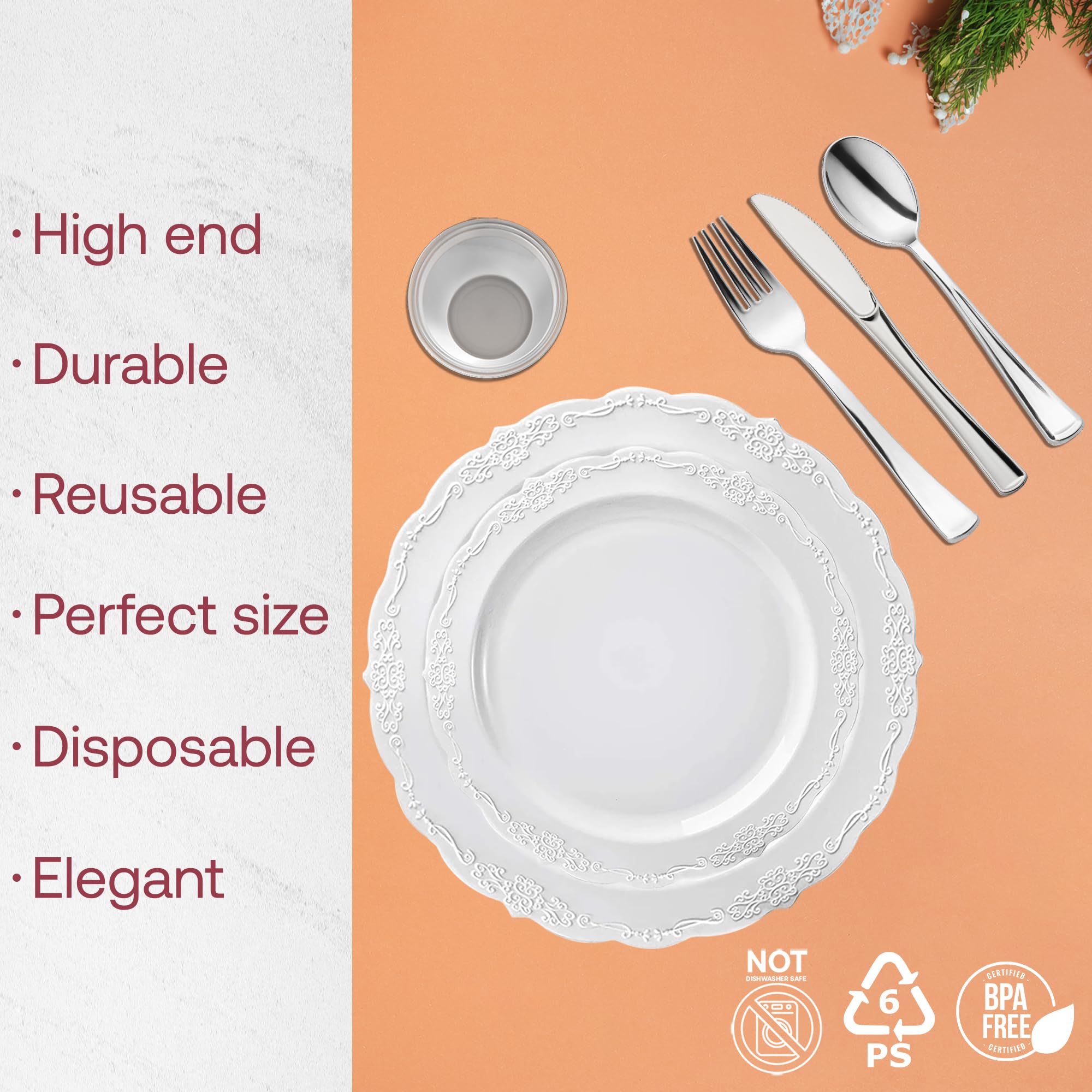 Smarty Had A Party Elegant Plastic Plates Wedding Value Set for 120 Guests - Disposable Dinnerware with White Plates, Silverware & Clear Plastic Cups - Perfect for Weddings, Bridal Showers & Formal Events