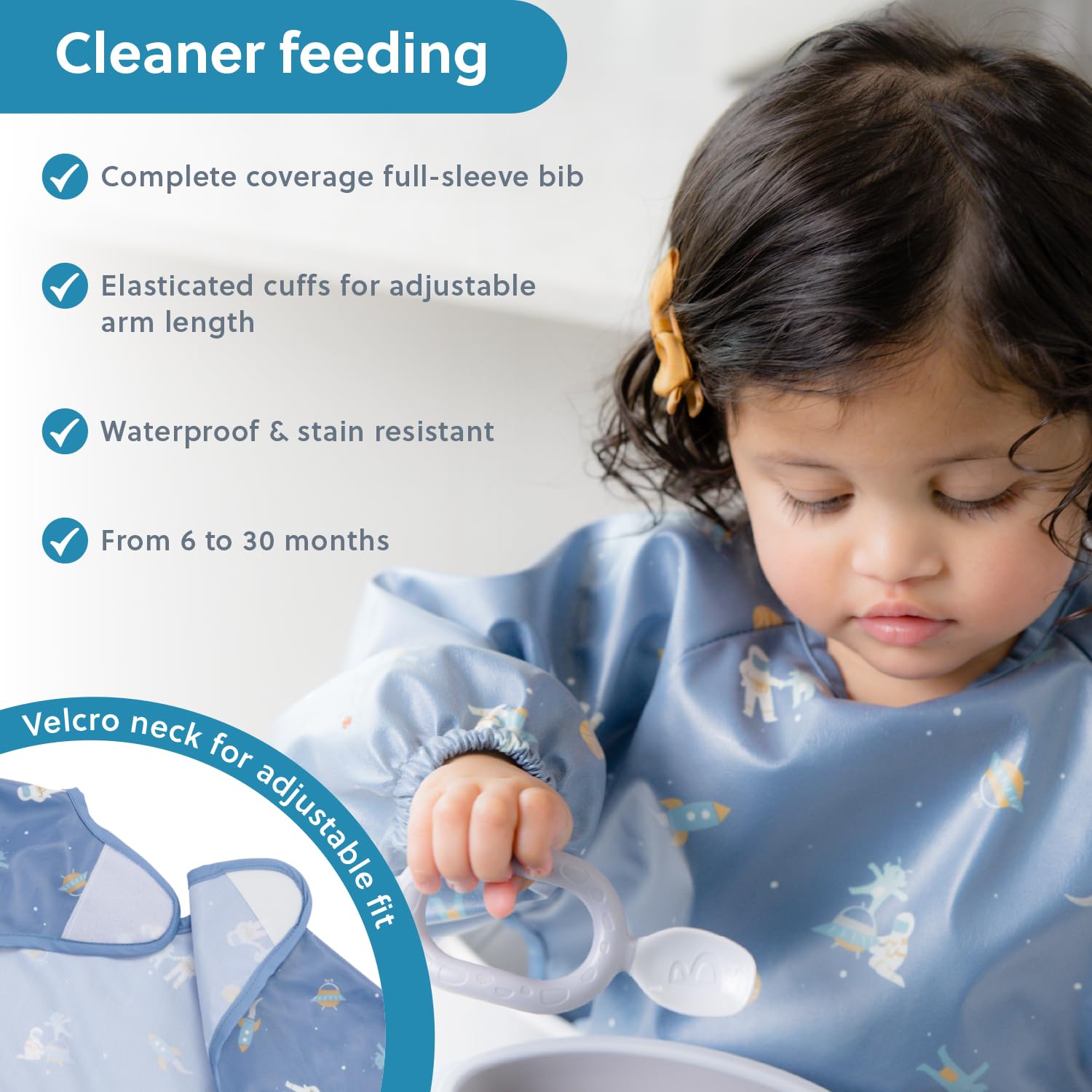 BIBaDO Mess Proof Baby Bibs - 2 Pack Long Sleeve Waterproof Bibs for Toddlers 6 Months to 3 Years | Machine Washable Feeding Bibs for Mealtime, Snacks & Art Activities