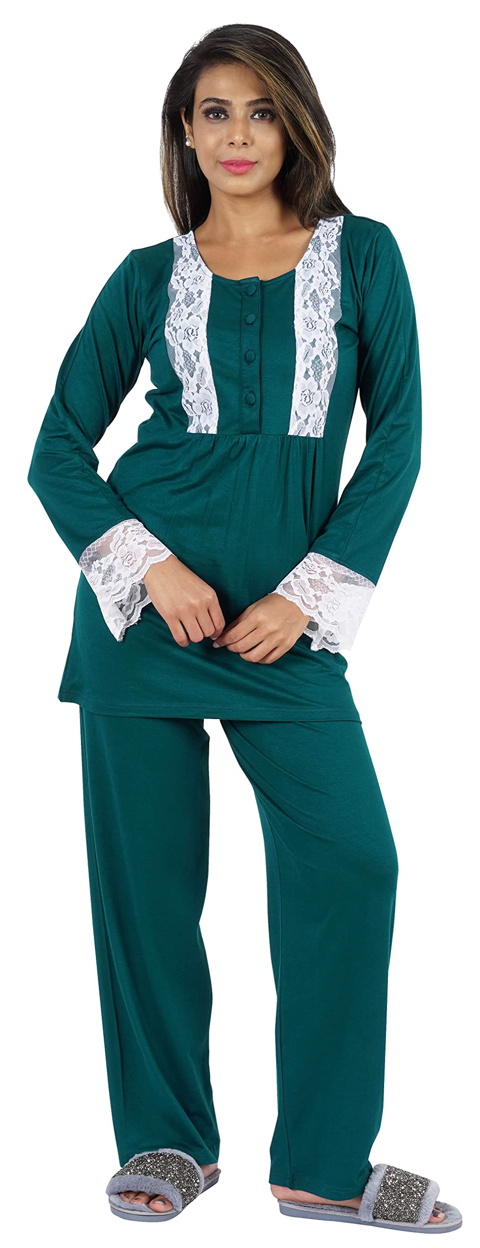 Bimba Women's 2-Piece Solid Nightwear Set - Lace Top & Pajama Pants for Comfortable Sleepwear & Lounge Wear at Home