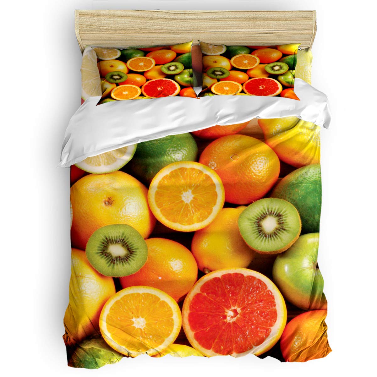 Microfiber Duvet Cover Set 4-Piece King Size - Soft Comforter Cover with Zipper & Corner Ties | Fresh Fruits Orange Kiwi Lemon Print | Breathable Bedding for Master Bedroom, Guest Room & Dorm