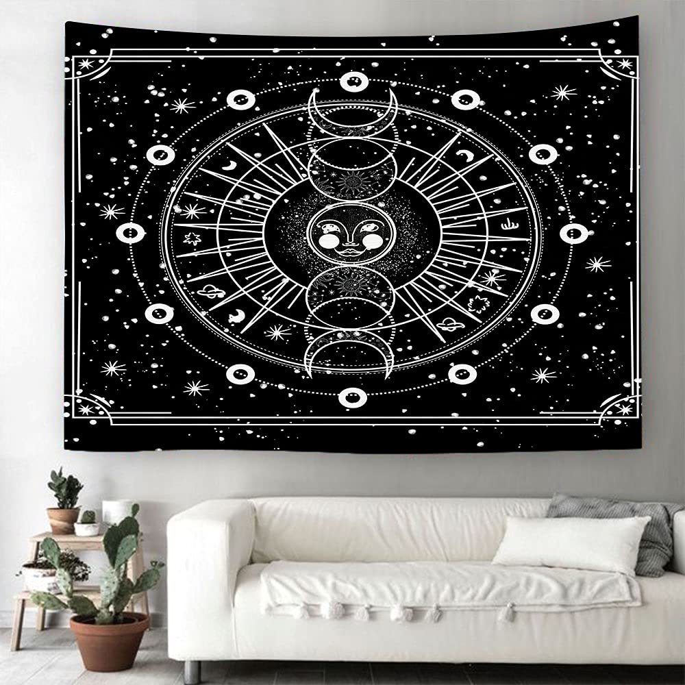 Yompray Black and White Psychedelic Sun Moon Stars Wall Tapestry - 59.1