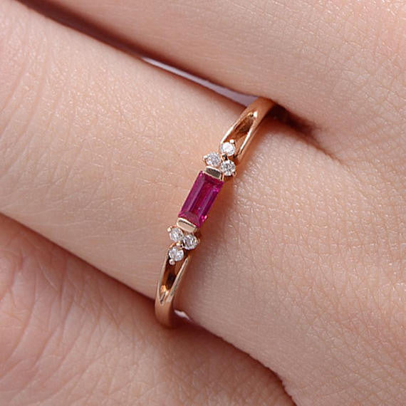 Rose Gold Engagement Ring with Baguette Ruby & Diamond Cluster - July Birthstone Wedding Band for Women, Antique Engraved Promise Ring, Split Shank Design | Perfect for Stacking, Anniversary Gifts & Bridal Jewelry