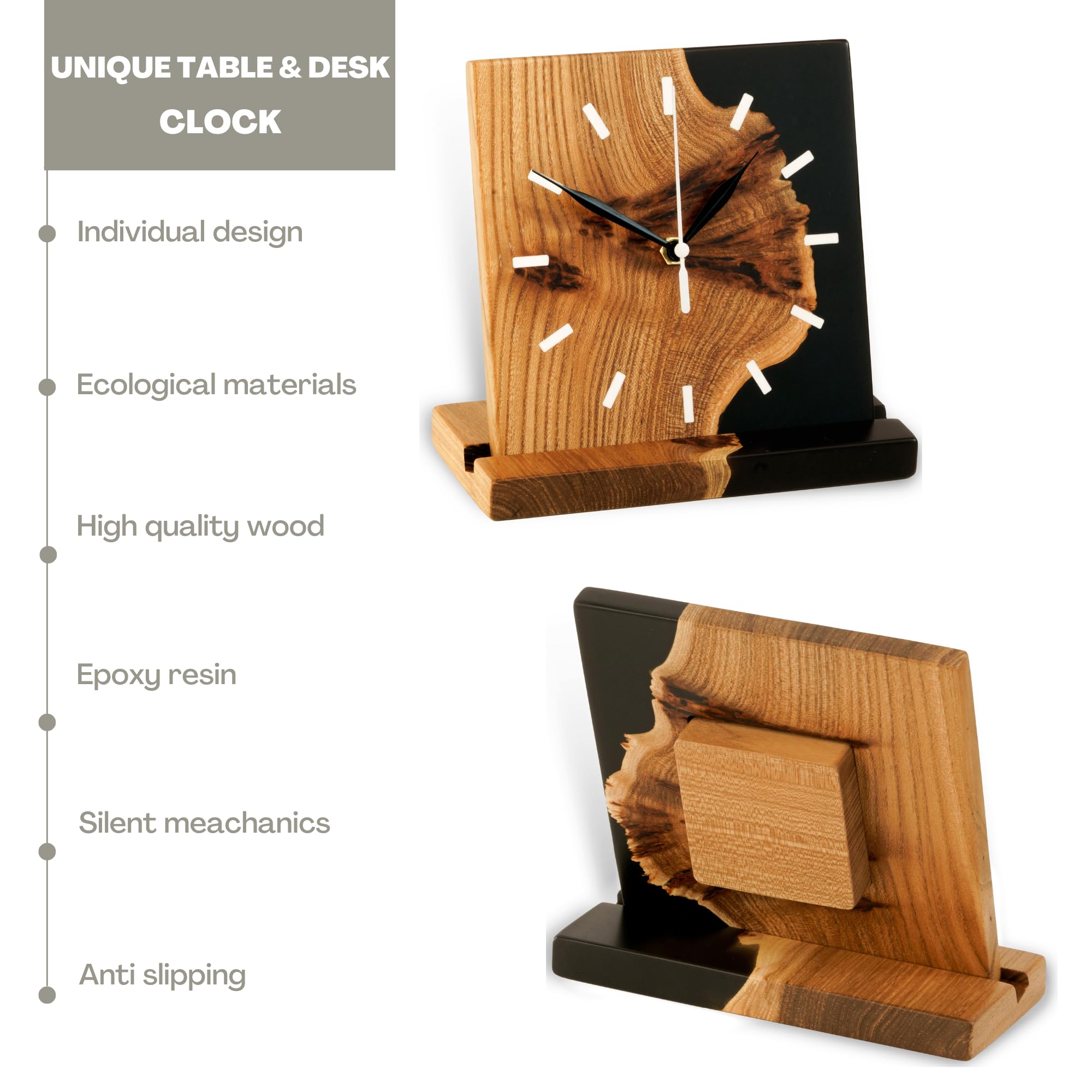Handmade Blue Epoxy & Wood Desk Clock - Modern Wooden Shelf Clock with Black Pearl Numerals for Living Room, Bedroom, Kitchen & Office Decor - Perfect Gift for Home, Wedding & Housewarming