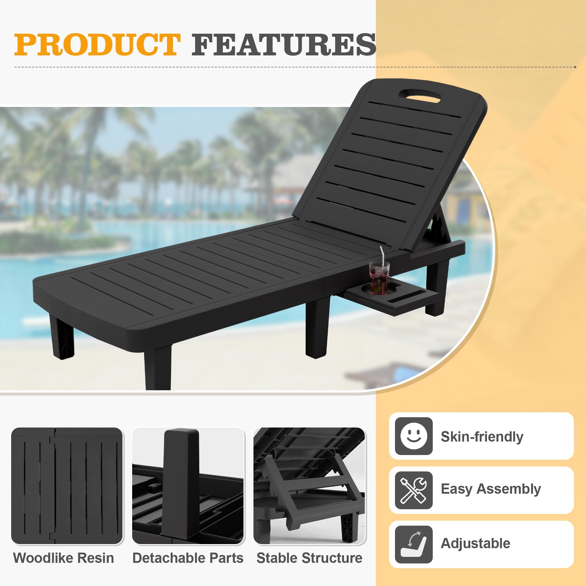 UDPATIO Oversized Waterproof Resin Pool Lounge Chairs Set of 2 - Adjustable Backrest Outdoor Chaise Lounge with Cup Holder Tray for Patio, Lawn, Beach, Backyard, Deck | Perfect for Sunbathing, Poolside Relaxation & Outdoor Lounging