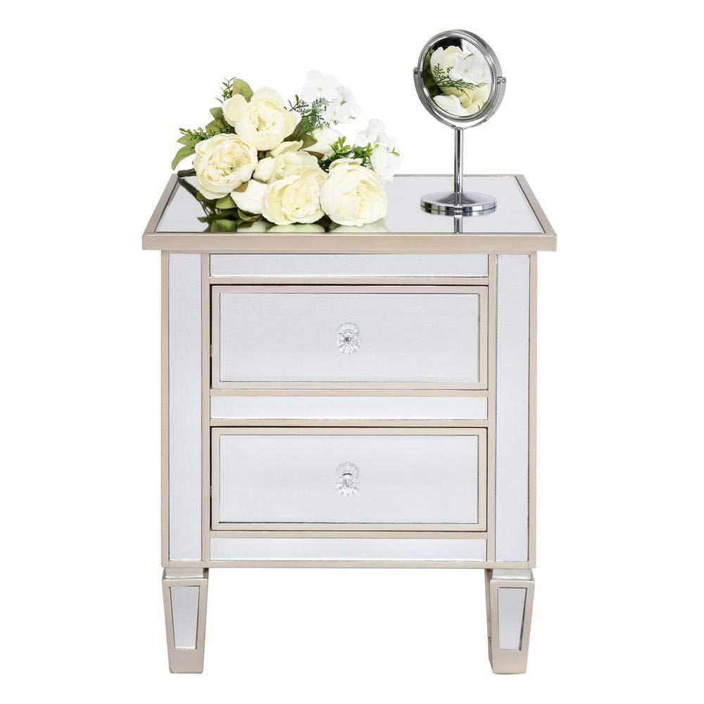 Mirror Finished 2 Drawer Nightstand - Silver & Rose Gold Bedside Table with Storage | Perfect for Bedroom, Living Room & Small Spaces