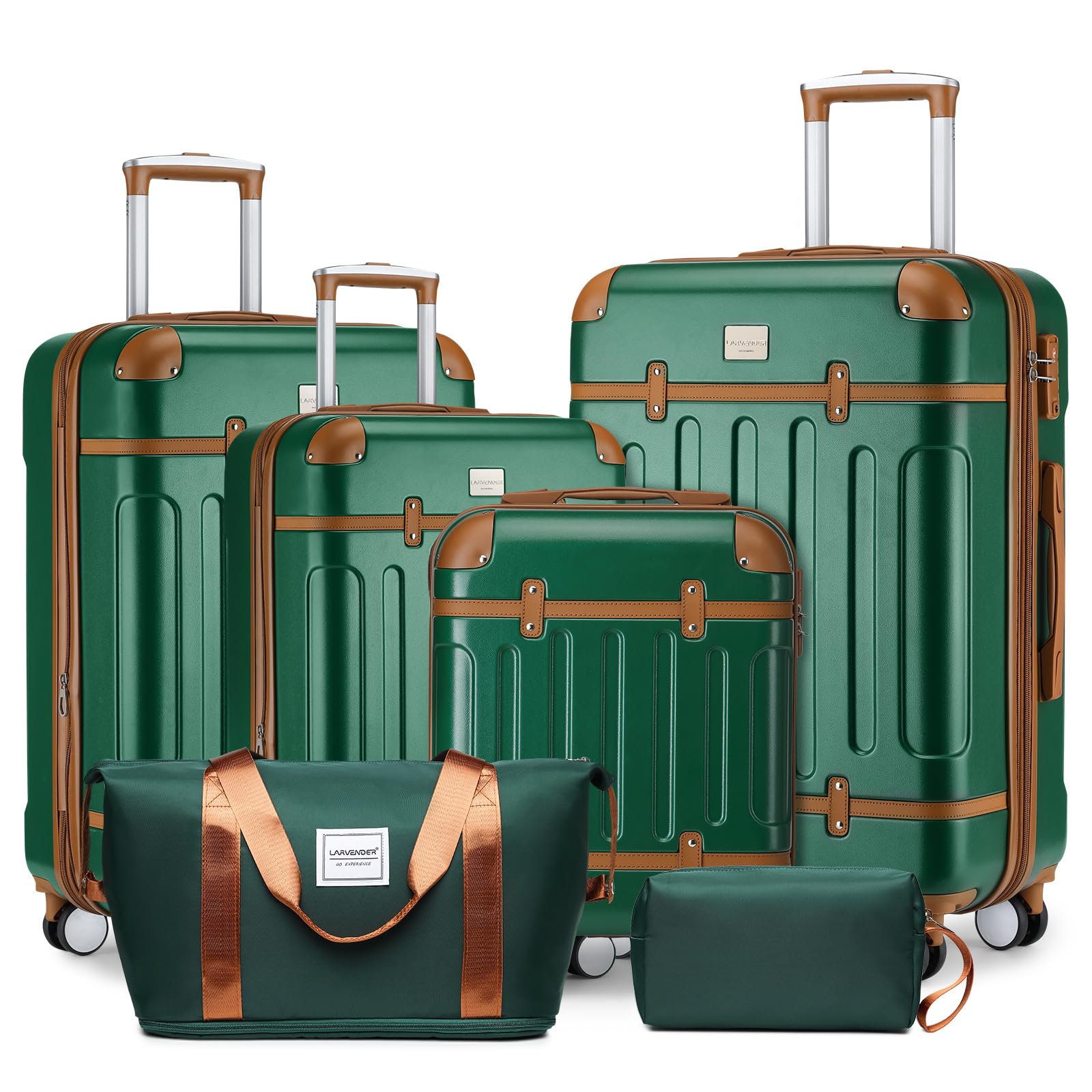 LARVENDER 6-Piece Expandable Hardshell Luggage Set with Spinner Wheels & TSA Locks - Vintage Travel Suitcase in Dark Green for Men & Women | Perfect for Family Vacations, Business Trips & International Travel