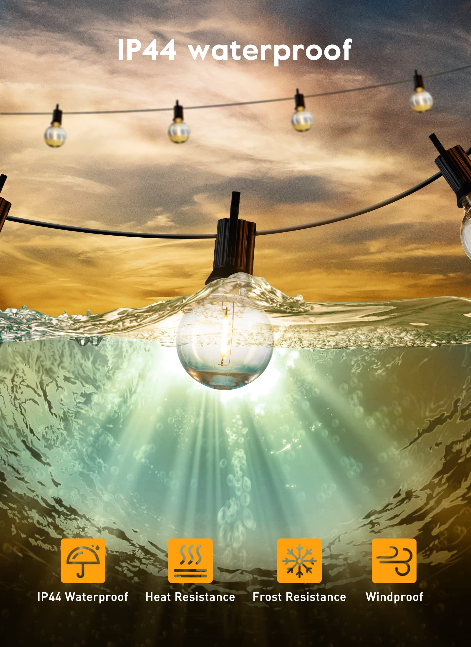 Brightown 50Ft Outdoor LED String Lights with 52 Shatterproof G40 Bulbs (2 Spare) - Waterproof Hanging Globe Lights for Patio, Backyard, Porch, Balcony & Bistro Decor - E12 Socket, 2200K Warm White - Perfect for Parties, Weddings & Outdoor Dining
