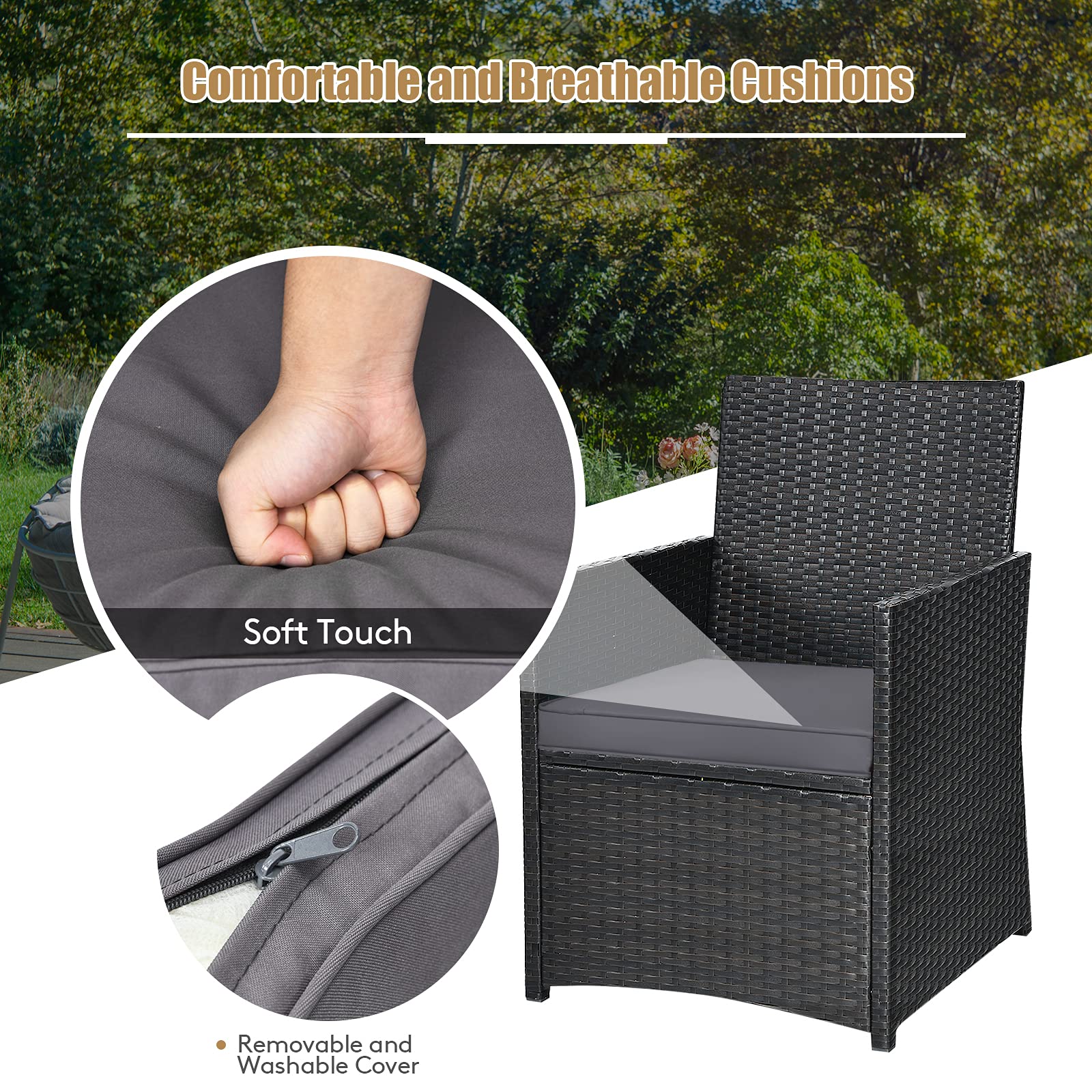 Tangkula 3-Piece Outdoor Dining Set - Space-Saving PE Rattan Bistro Set with Tempered Glass Table & Cushioned Chairs, Patio Conversation Set for Garden, Backyard, Poolside, Porch (Gray) - Perfect for Outdoor Entertaining, Relaxing & Dining Al Fresco