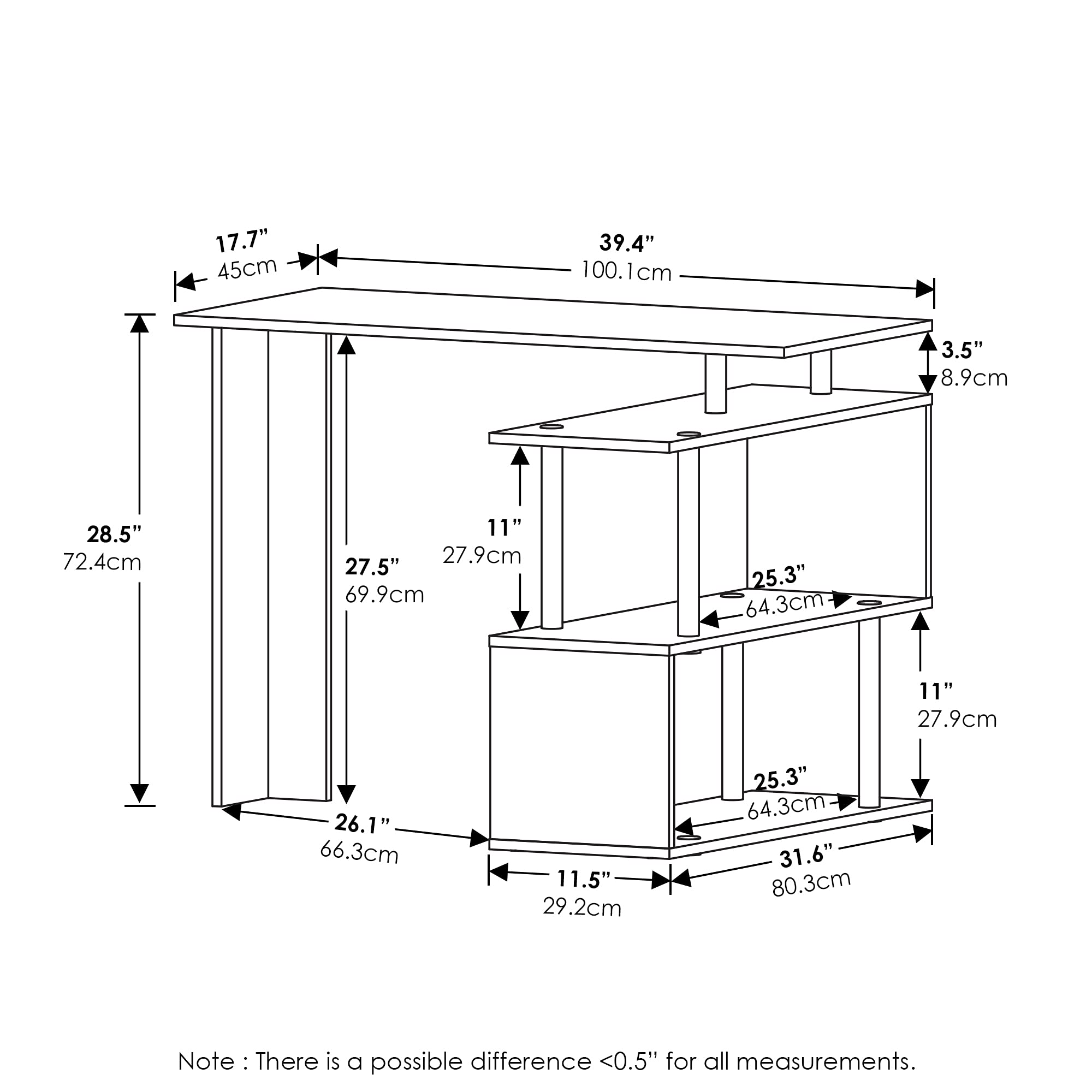 Furinno Moore L-Shape Computer Desk with 3-Tier Shelves - Compact Home Office Desk for Small Spaces, Study Desk with Storage, Espresso Finish - Perfect for Home Office, Gaming Setup & Remote Work