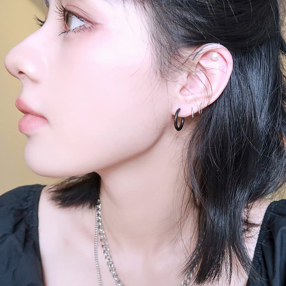 Xihuimay 5 Pairs Titanium Steel Hoop Earrings - 16mm Round Wire Huggie Leverback Earrings for Women & Men (Black) | Cartilage, Tragus & Everyday Wear