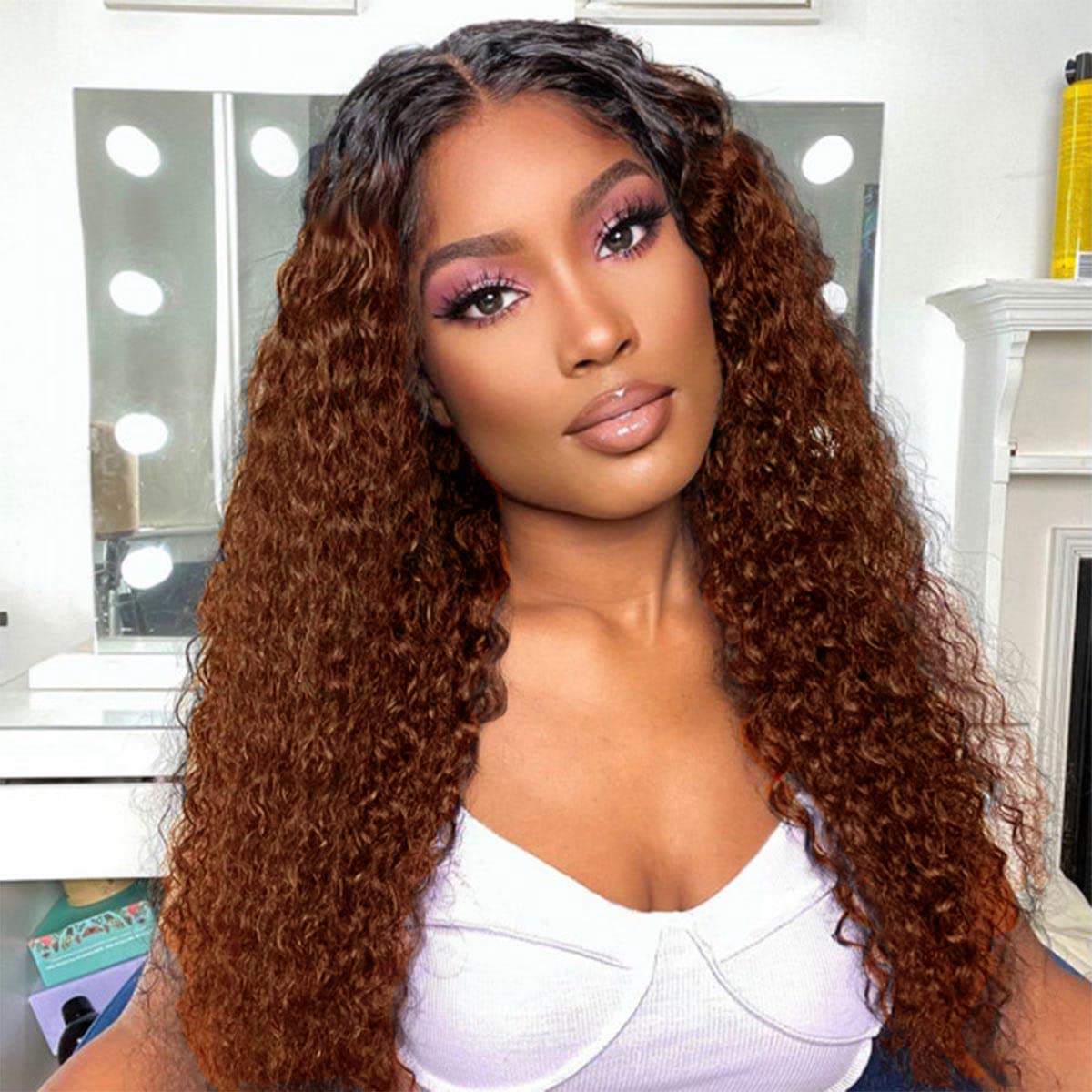 Ombre Brown Curly Lace Front Wigs Human Hair - Pre Plucked Deep Curly Wave 13x4 HD Frontal Lace Wig with Baby Hair - 150% Density 16 Inch Colored Human Hair Wig for Women - Perfect for Daily Wear, Cosplay & Special Occasions