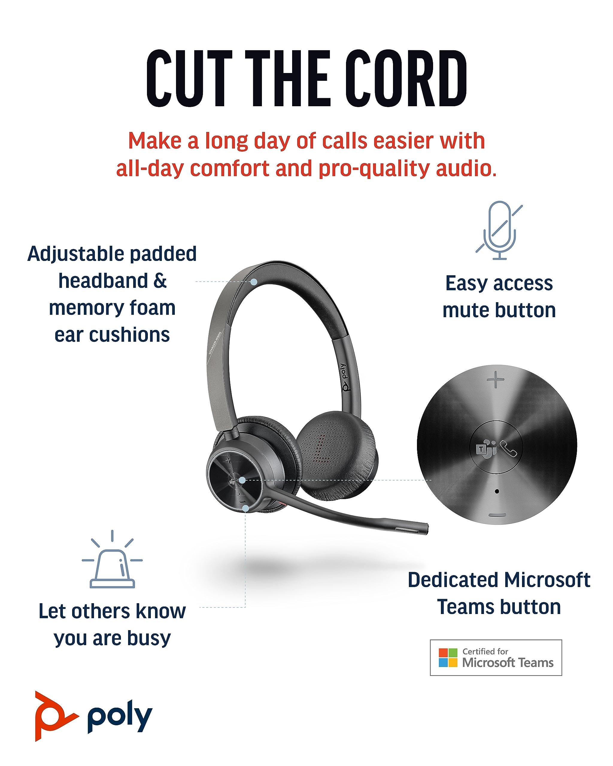 Poly Voyager 4320 UC Wireless Headset with Noise-Canceling Boom Mic - Bluetooth Stereo Headphones for PC, Mac, Mobile - Certified for Microsoft Teams, Zoom & More - Perfect for Remote Work, Online Meetings & Gaming - Amazon Exclusive