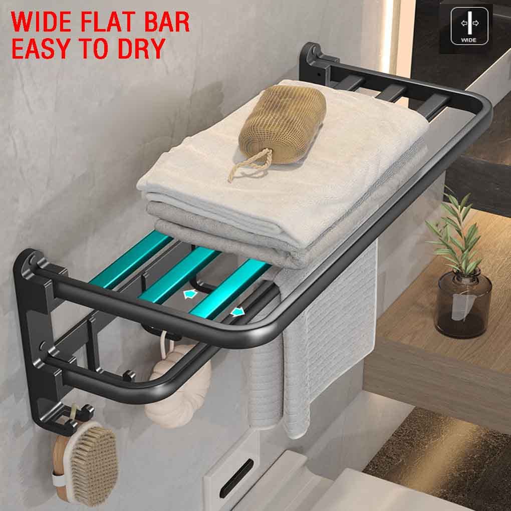 Matte Black No Drill Wall Mounted Towel Rack - 22.5 Inch Double Towel Rod with Shelf for Bathroom, Shower & Hotel Use - Rustproof Bathroom Organizer for Spa-Like Experience