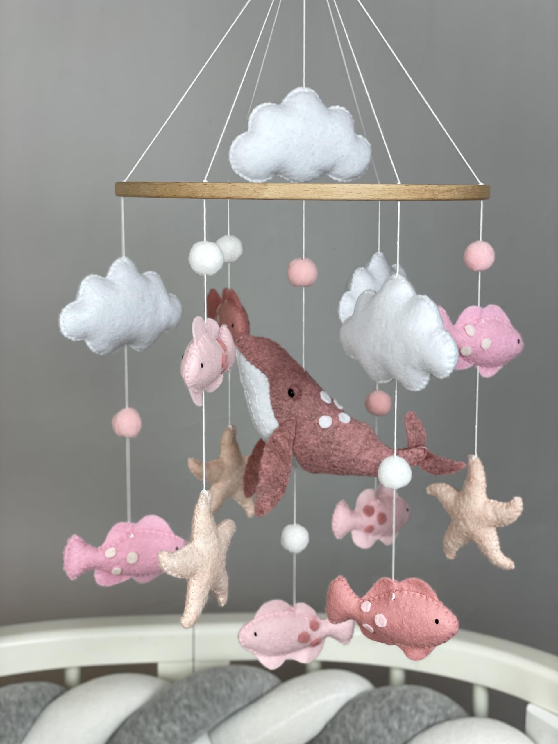 **Whale & Fish Baby Crib Mobile - Pink Ocean Nursery Decor with Felt Sea Animals, Perfect Baby Shower Gift for Girls | Newborn Nursery, Baby Room, Coastal Theme Decor**