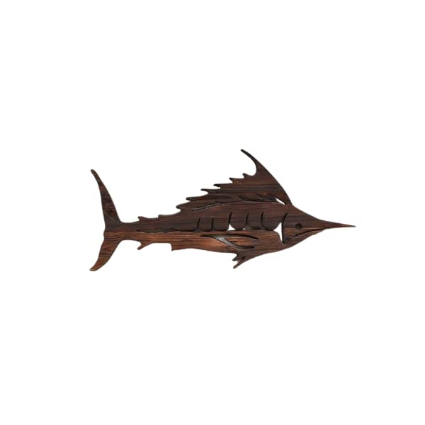 Hand Carved Wooden Marlin Wall Art - Coastal Fish Sculpture Decor for Beach House, Living Room & Office (Brown)
