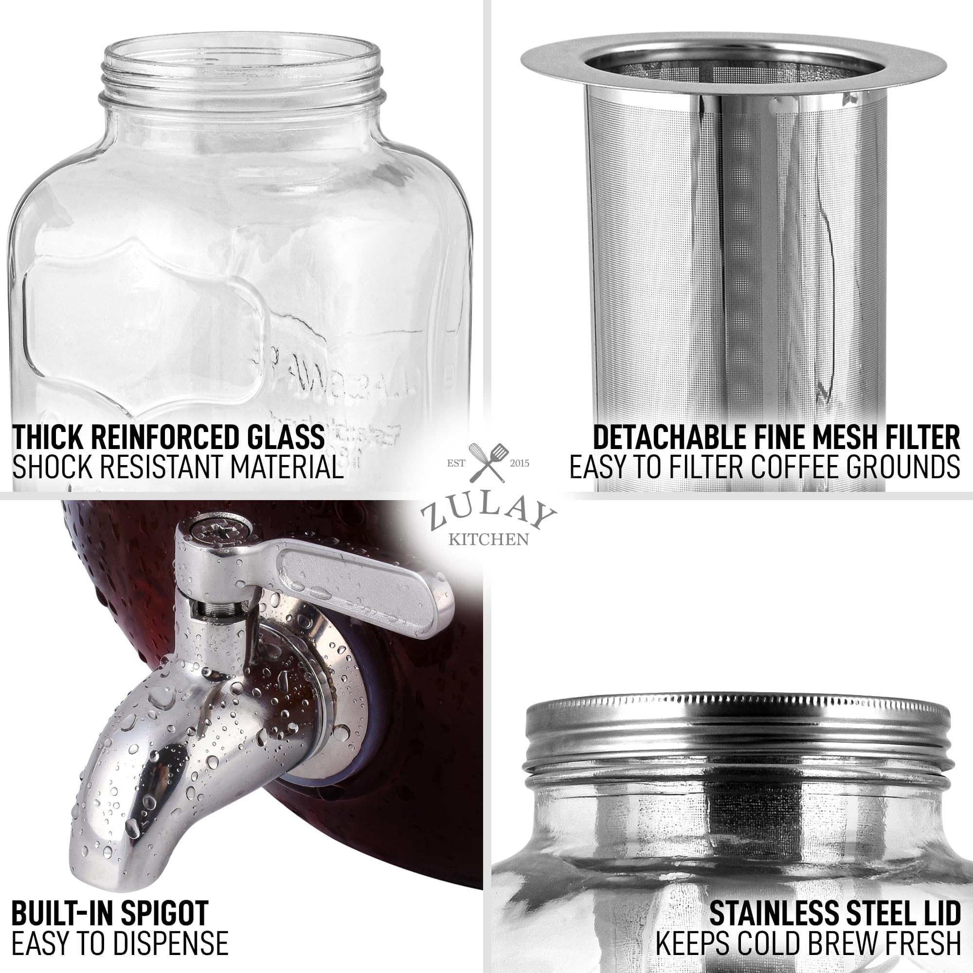 Zulay Kitchen 1 Gallon Cold Brew Coffee Maker - Large Iced Tea & Cold Brew Pitcher with Extra-Thick Glass & Stainless Steel Infuser - Airtight Lid & Spout for Freshness - Perfect for Home, Office, or Outdoor Use (Silver)