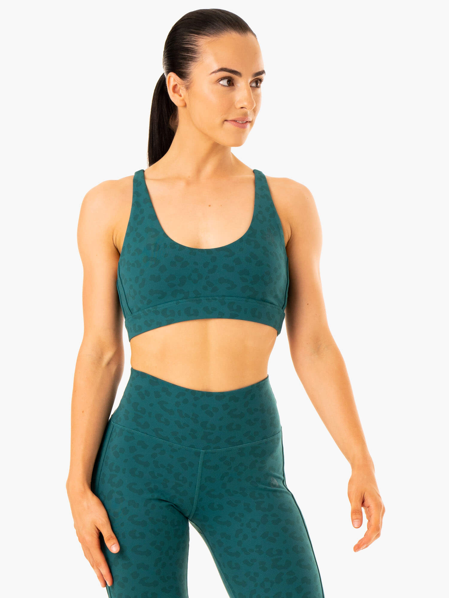 Evolution High Support Sports Bra - Teal Leopard Print - Yoga, Running & Gym Workout Top for Women