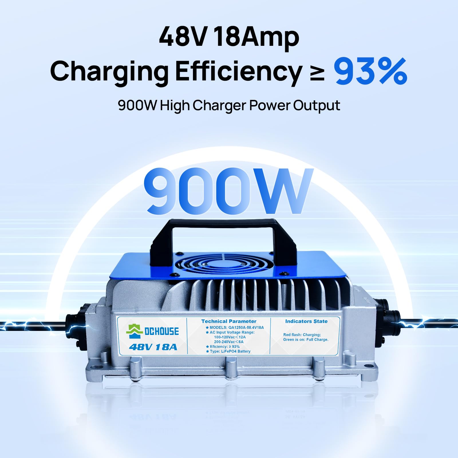 48V 18A 900W Lithium Battery Fast Charger with Cooling Fan - IP65 Waterproof & Anti-Fall - ≥93% Charging Efficiency - Compatible with Golf Carts, Forklifts, Marine Batteries - Perfect for Outdoor, Industrial & Marine Applications