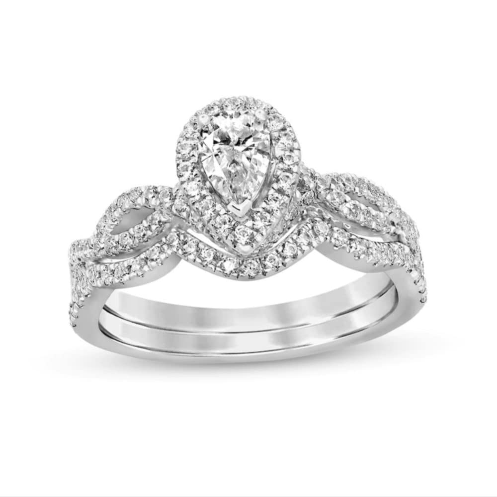 1.3 Carat Moissanite Halo Engagement Ring & Wedding Band Set for Women - 925 Sterling Silver Pear-Shaped Twist Bridal Jewelry Set (Size 4-12) | Perfect for Proposals, Anniversaries & Bridal Occasions