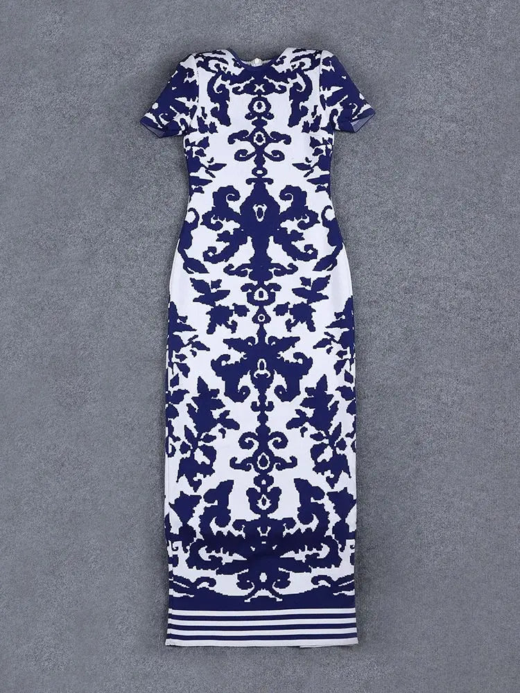 Elegant Blue and White Porcelain Print Women's Sexy Bandage Dress - Short Sleeve Tight Bodycon Party Dress for Celebrity Events, Night Out, Club Wear & Special Occasions