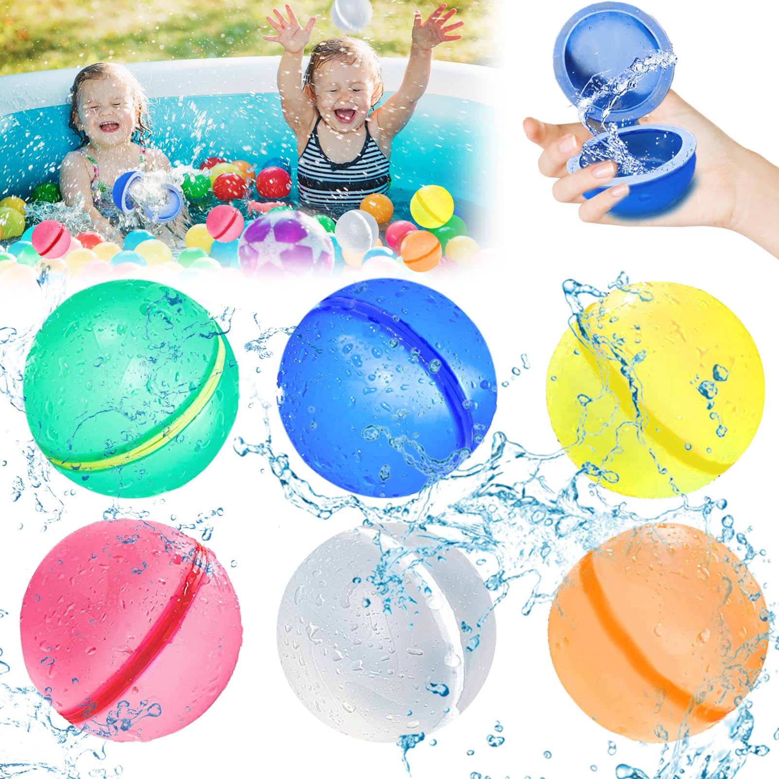 Reusable Water Balloons, 6-Pack Magnetic Self-Sealing Water Bombs, Quick Fill Silicone Water Balloons for Kids - Perfect for Summer Water Games, Pool Parties, and Outdoor Fun