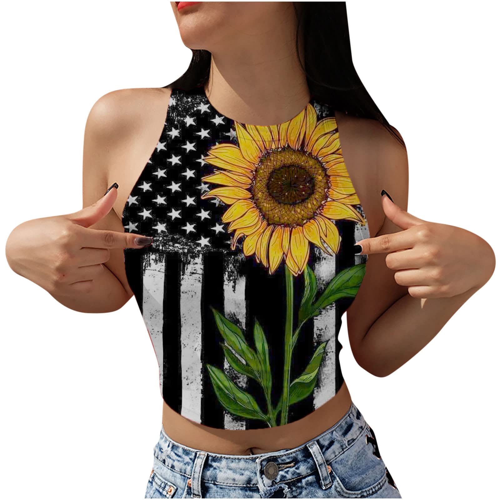 4th of July Tank Tops for Women | Patriotic Cropped Summer Tops | Cute Sunflower Print Sexy Vest for Teen Girls | Perfect for BBQ, Beach & Independence Day Celebrations