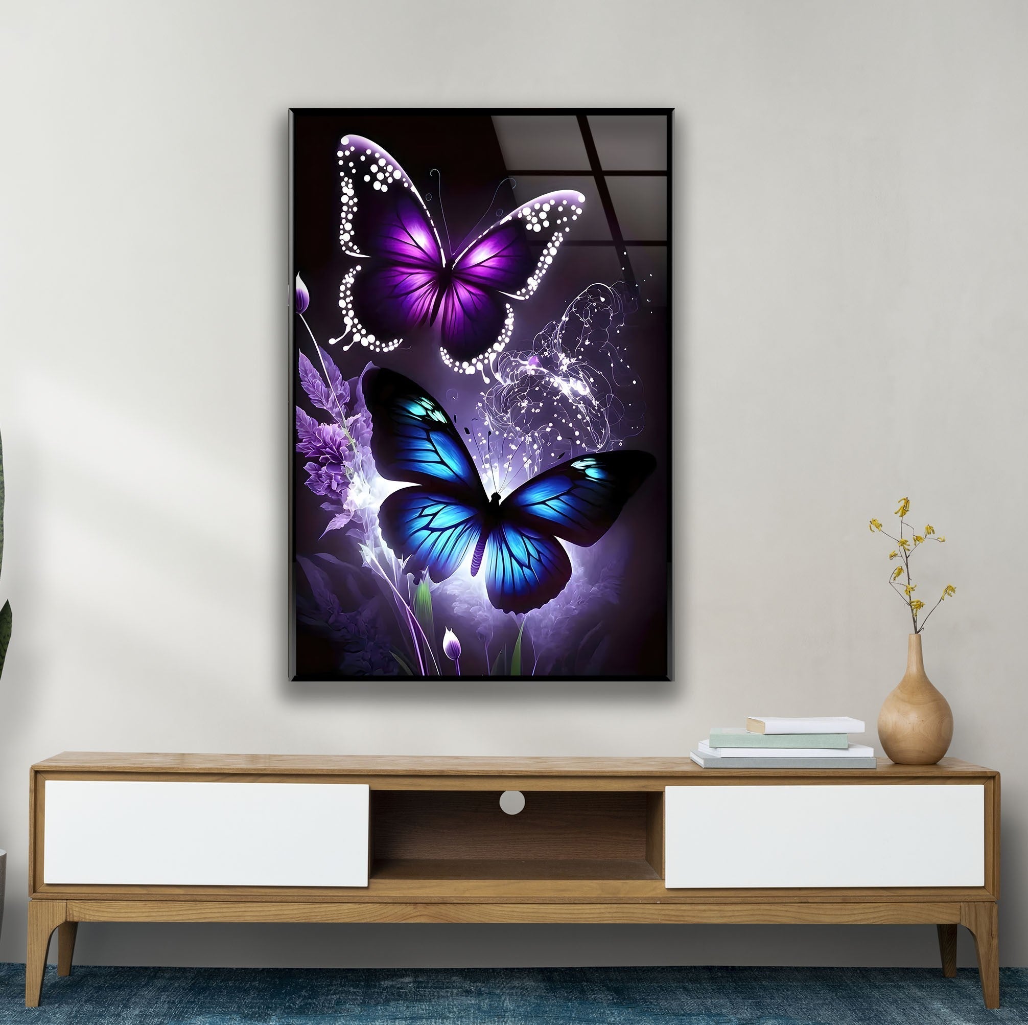 Blue & Purple Butterfly Glass Wall Art - Handmade Stained Glass Decor for Home, Office & Gifts - Perfect for Living Room, Bedroom & Wedding Decorations