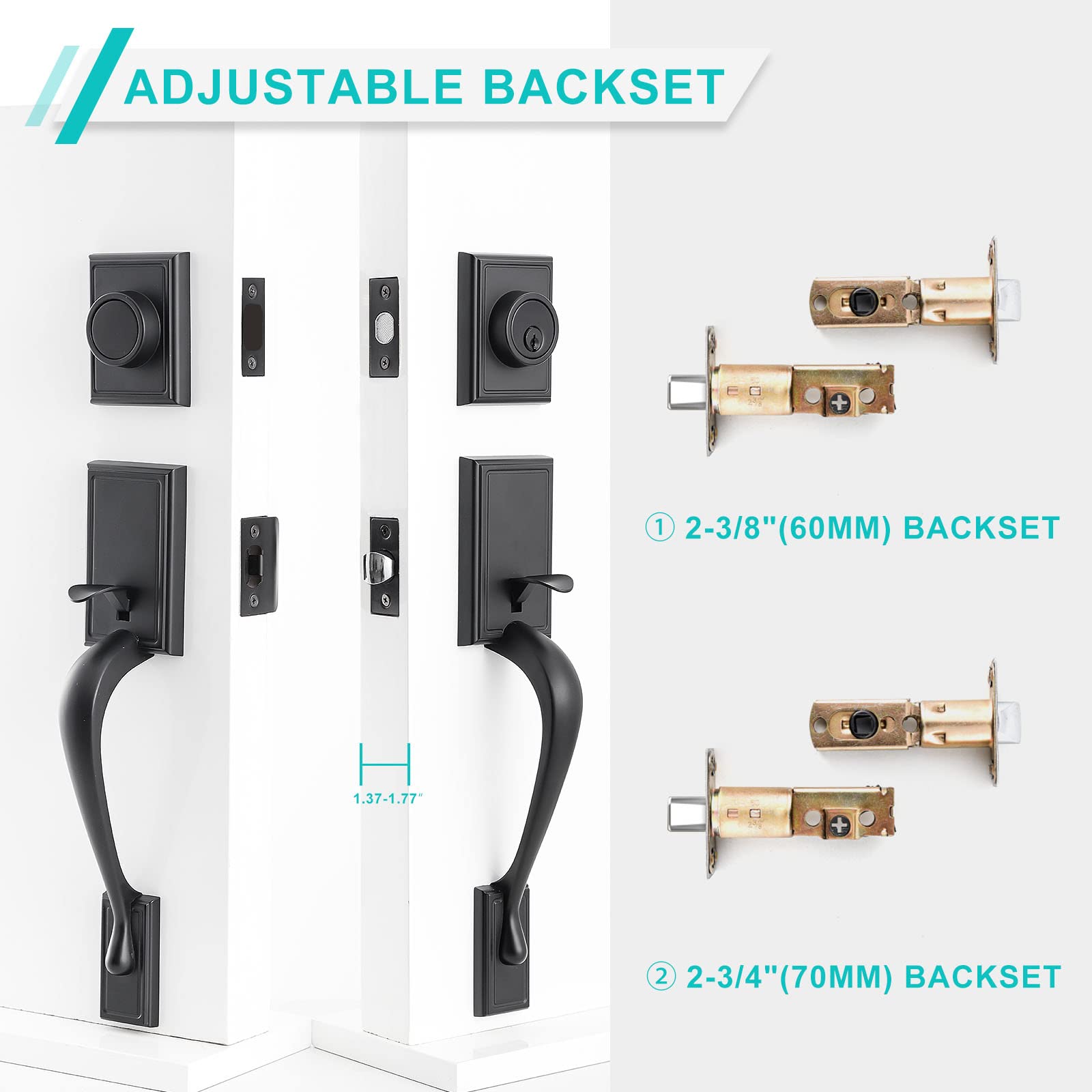 Premium Matte Black Front Door Lock Set - Double Door Handle with Deadbolt & Dummy Lockset (B-S118-M-USAM021) for Home Security & Entry Doors - Ideal for Residential & Commercial Properties