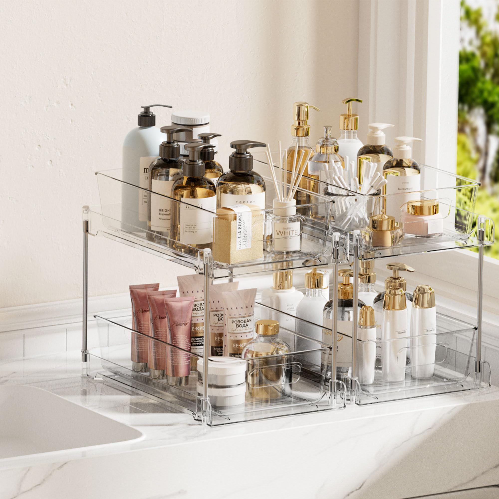 Vtopmart 2-Tier Bathroom Storage Organizer Set of 2, Clear Under Sink Organizer with Pull-Out Drawers for Vanity Counter & Cabinet - Space Saving Solution for Bathroom, Kitchen & Pantry Organization