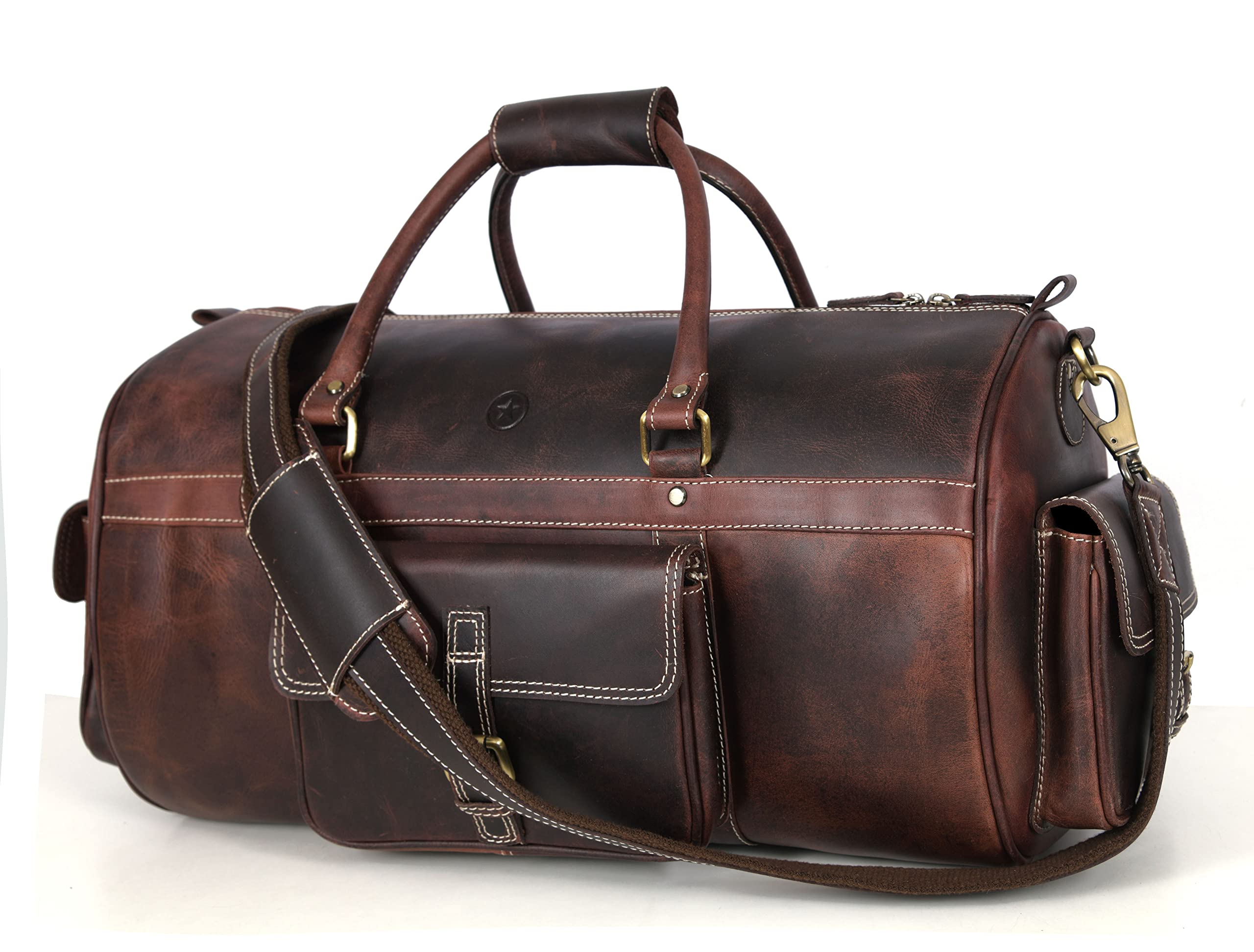 Premium Full Grain Leather Travel Duffel Barrel Bag with Adjustable Shoulder Straps | Spacious Main Compartment & Zippered Side Pockets | Weekender Overnight Bag for Men & Women (Walnut Brown) | Perfect for Business Trips, Gym, Weekend Getaways & Air Travel