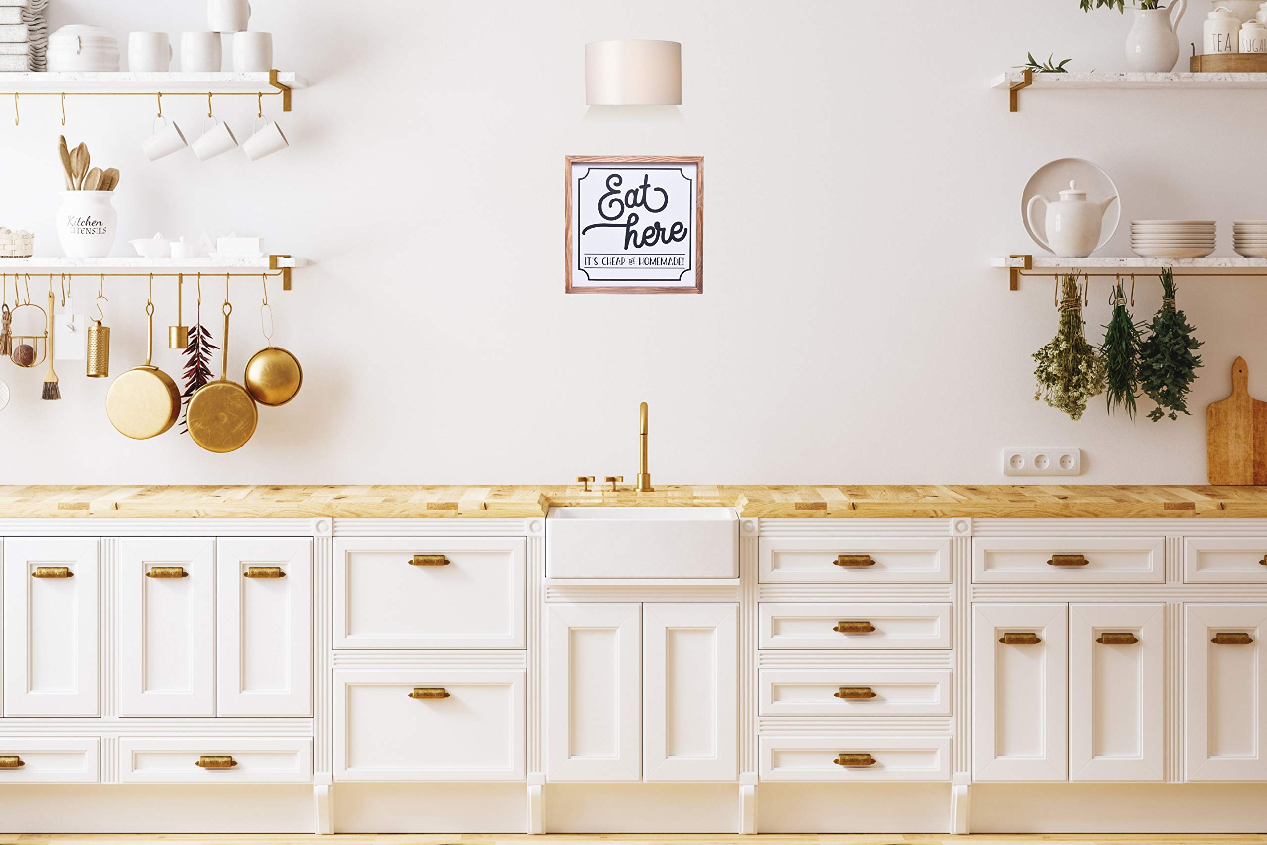 Farmhouse Kitchen Decor - Rustic 'Eat Here' Wooden Sign 12x12 Inches with Wood Frame - Country Style Kitchen Wall Art & Accessories - Perfect for Dining Room, Kitchen Decor, and Farmhouse Style Homes