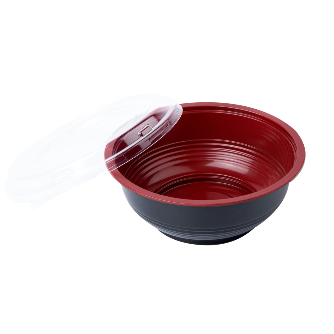 24oz Black & Red Plastic Panda Bowl with Clear Lid - Microwave Safe Asian Style Rice/Noodle Bowl (6.5